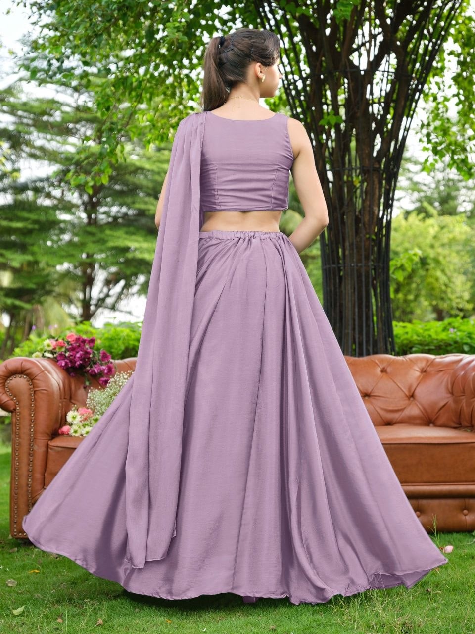 Premium Chinnon (Plain) Lahenga Choli Set - Purple