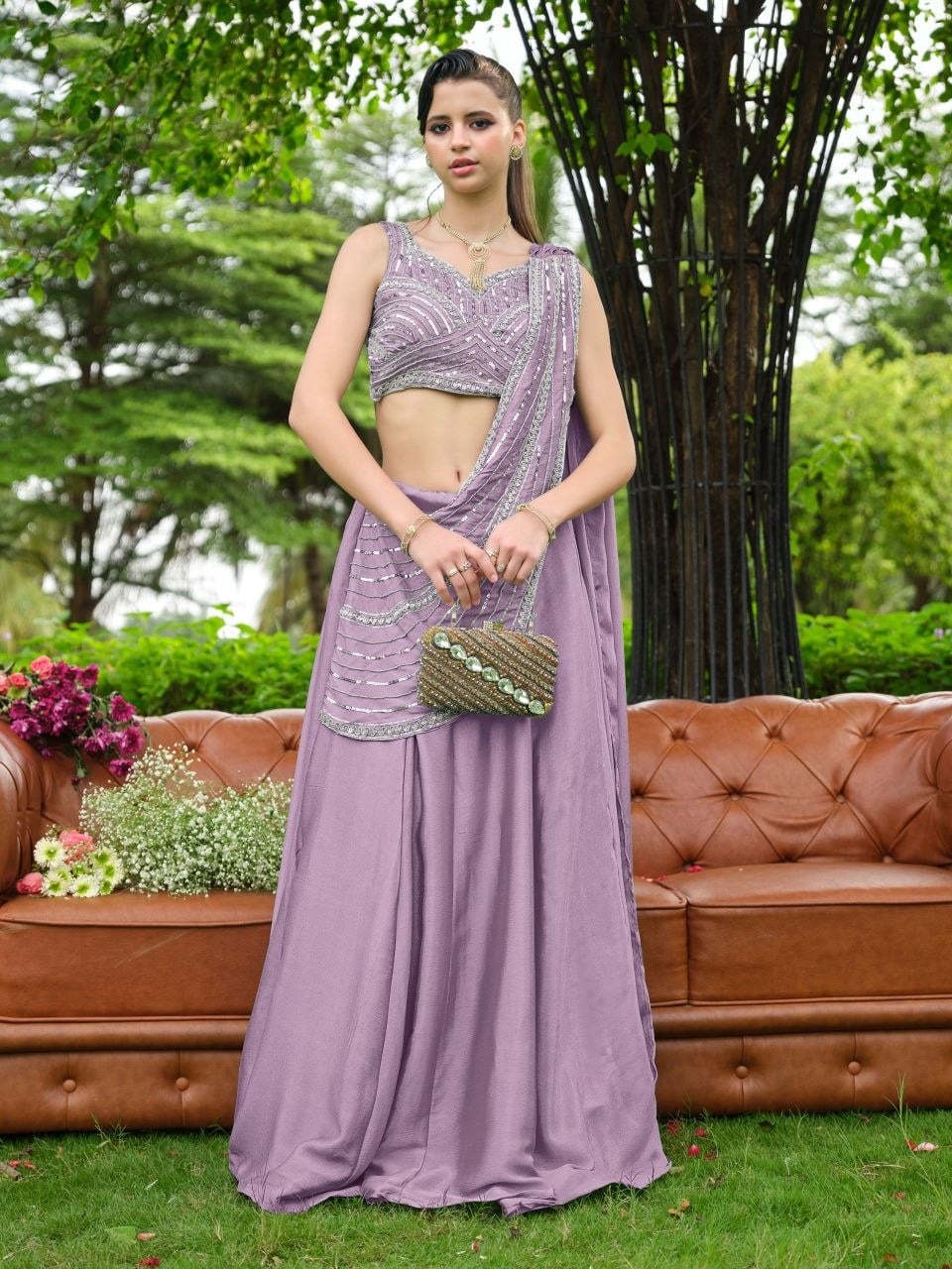 Premium Chinnon (Plain) Lahenga Choli Set - Purple
