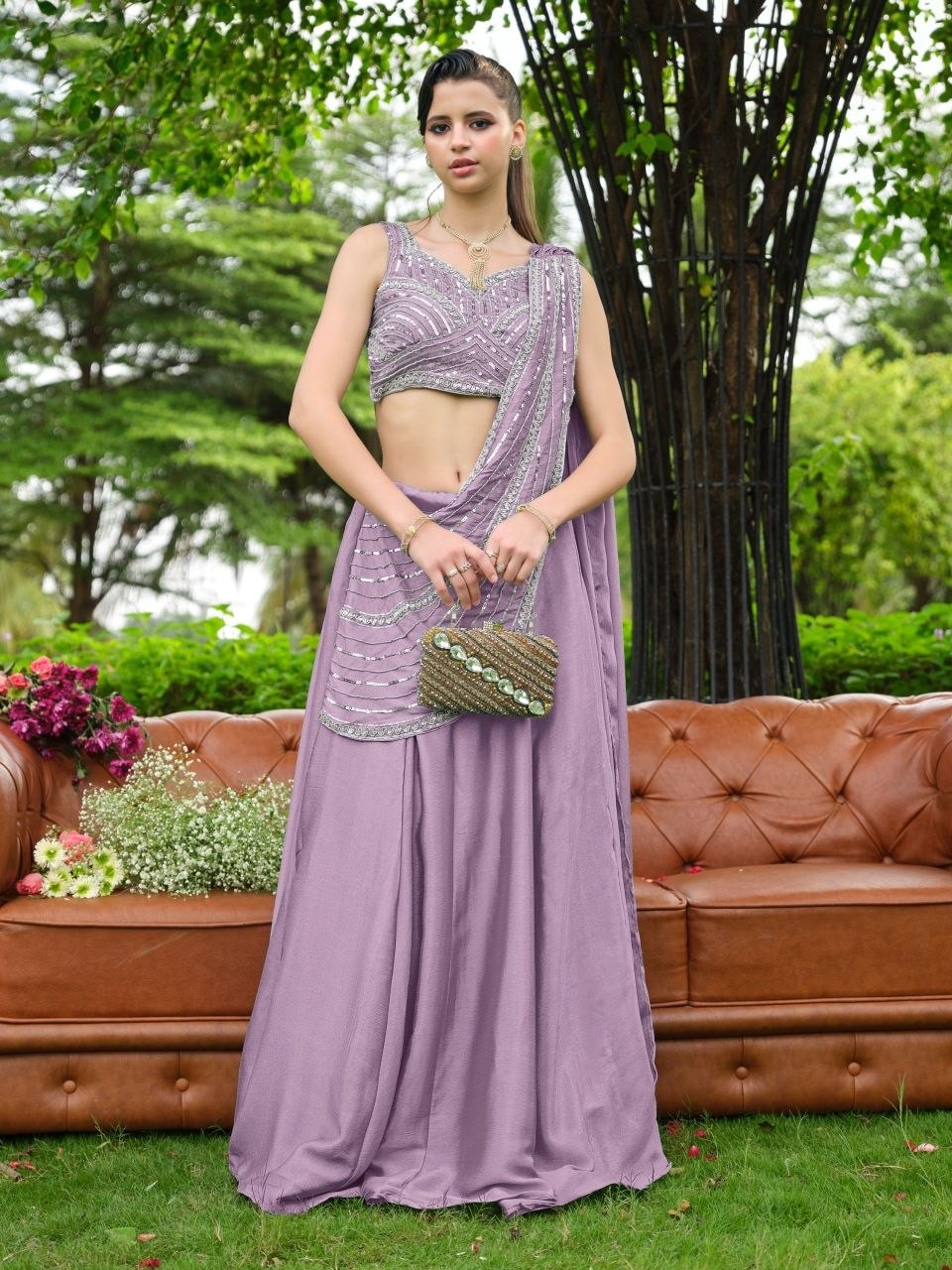 Premium Chinnon (Plain) Lahenga Choli Set - Purple - view 1