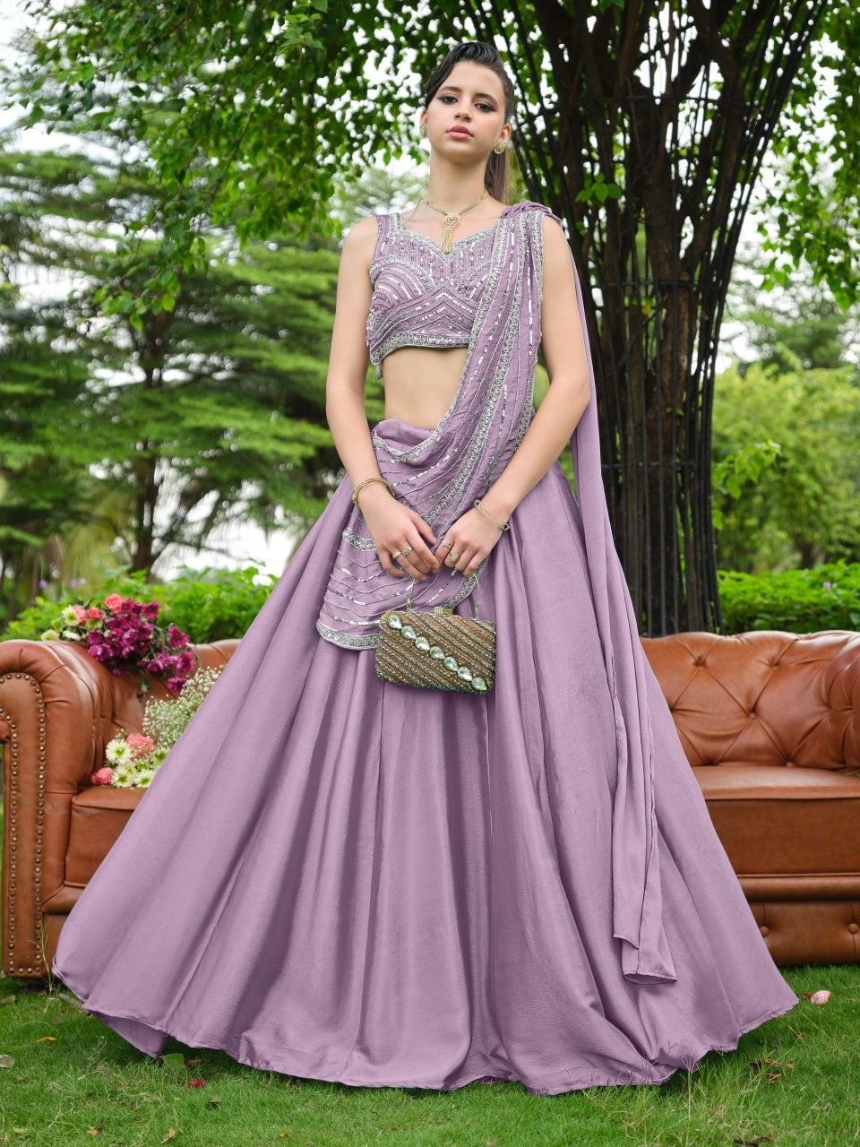 Premium Chinnon (Plain) Lahenga Choli Set - Purple