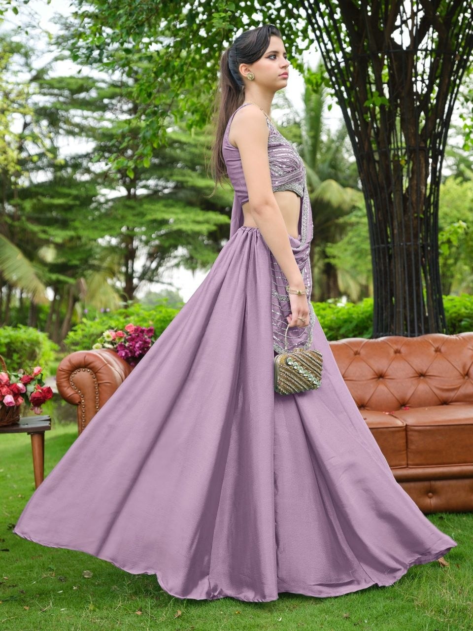 Premium Chinnon (Plain) Lahenga Choli Set - Purple - view 2