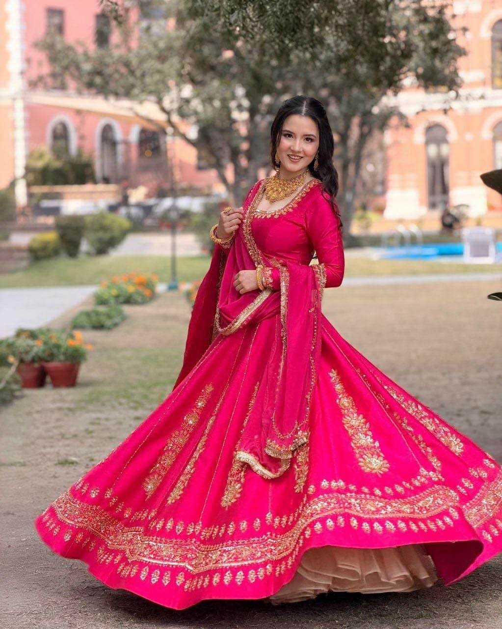 Flowy Chinon lehenga choli set - Pink