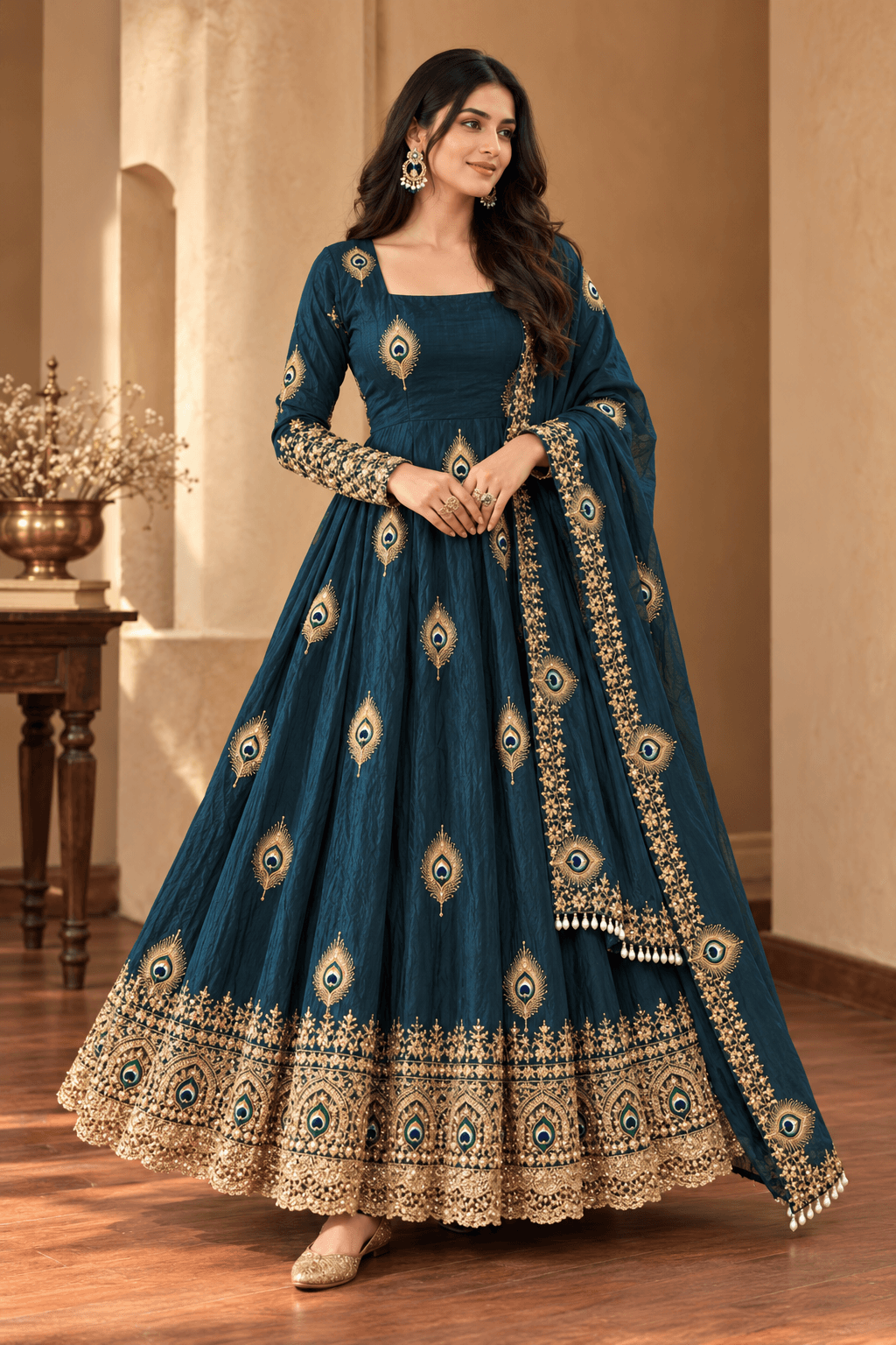 Pure Fendy Silk Anarkali Gown Set - Rama