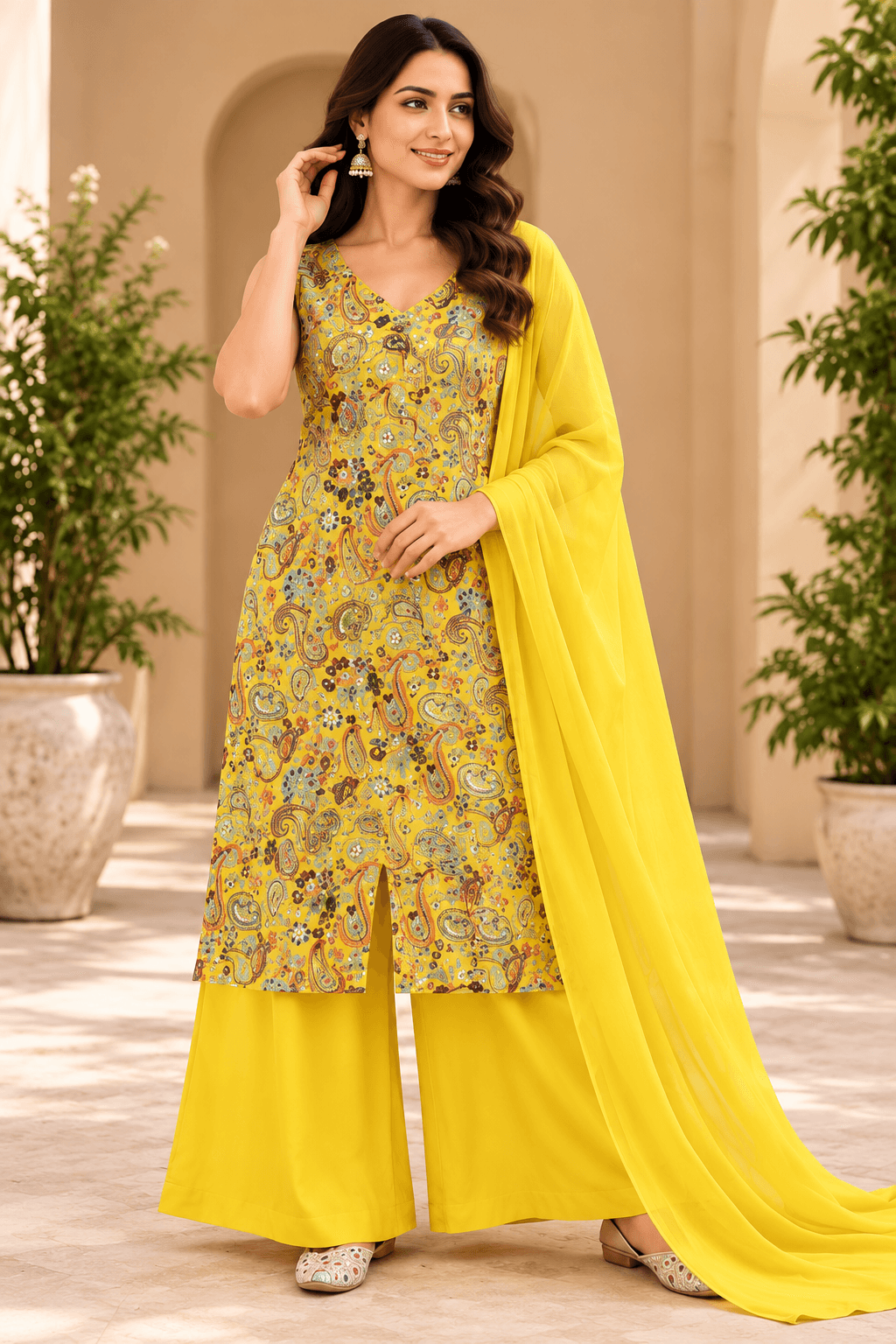 Faux Georgette Salwar Suit Set - Yellow
