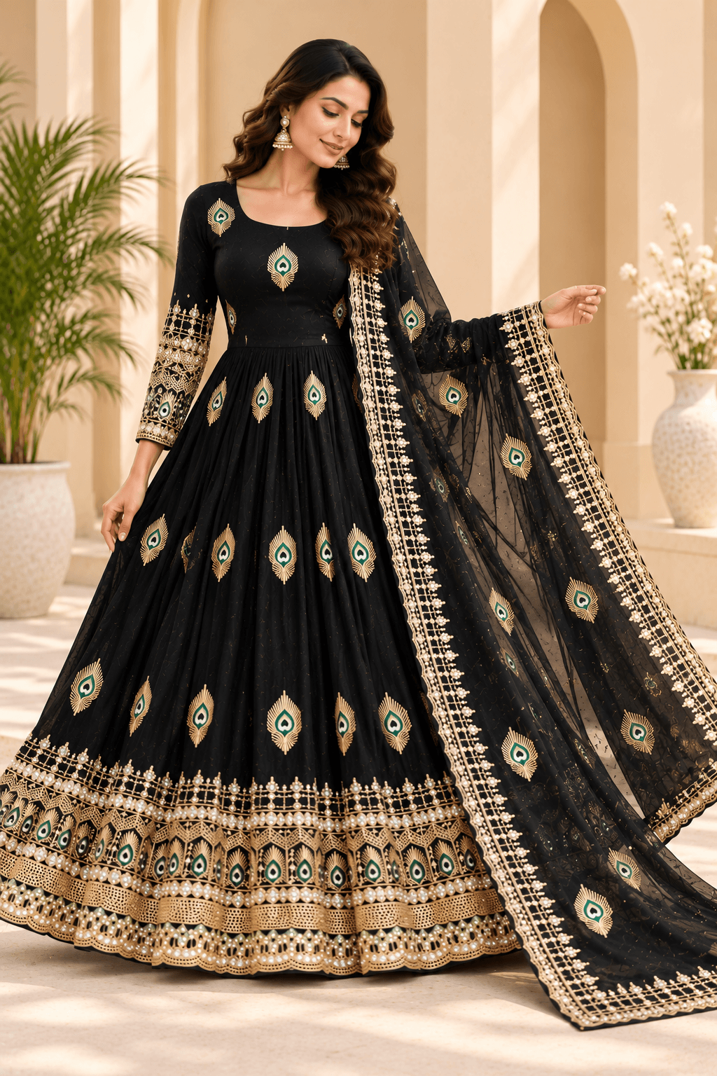 Pure Fendy Silk Anarkali Gown Set - Black - view 3