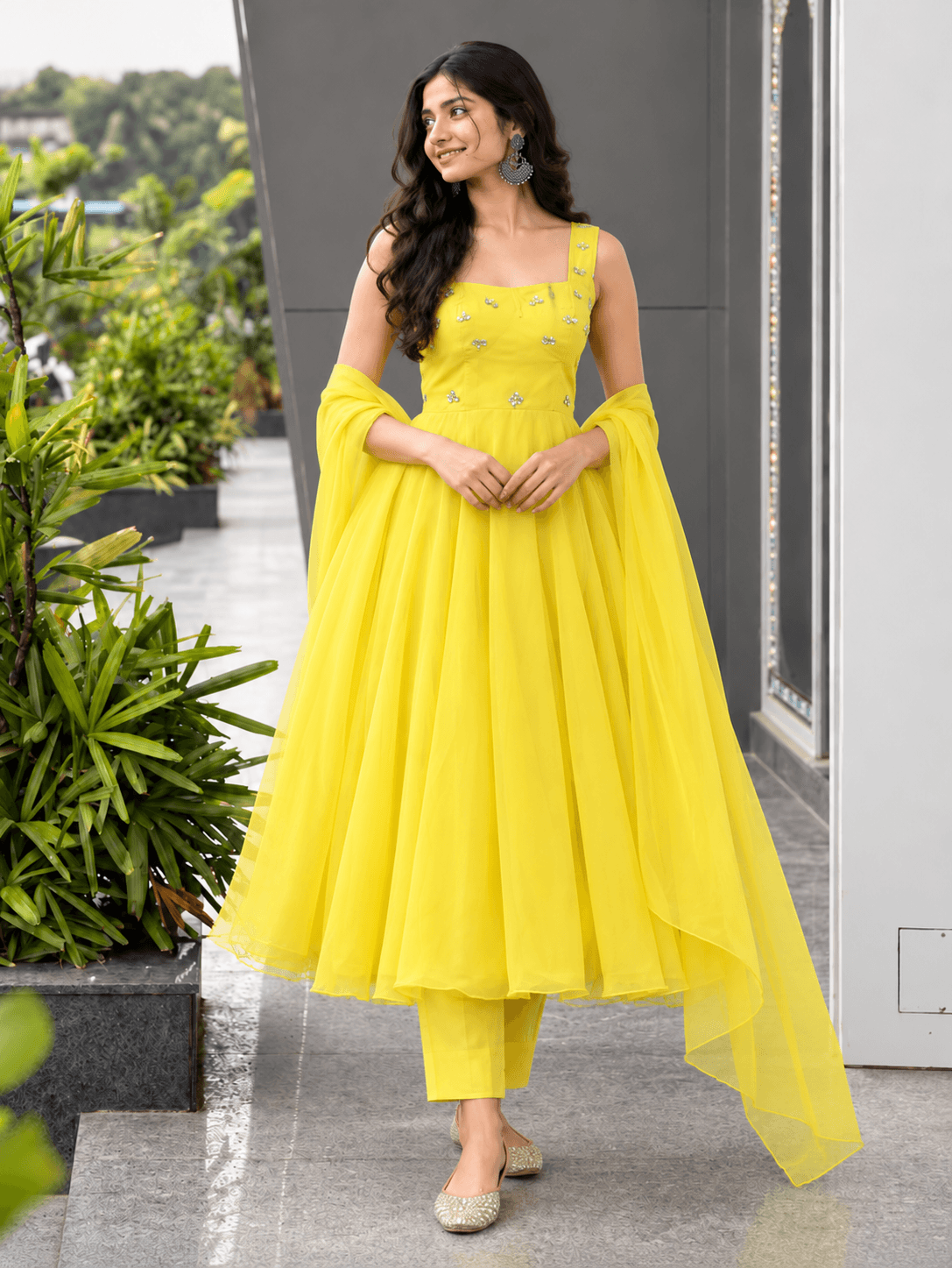 Premium Faux Georgette Anarkali Gown Set - Yellow