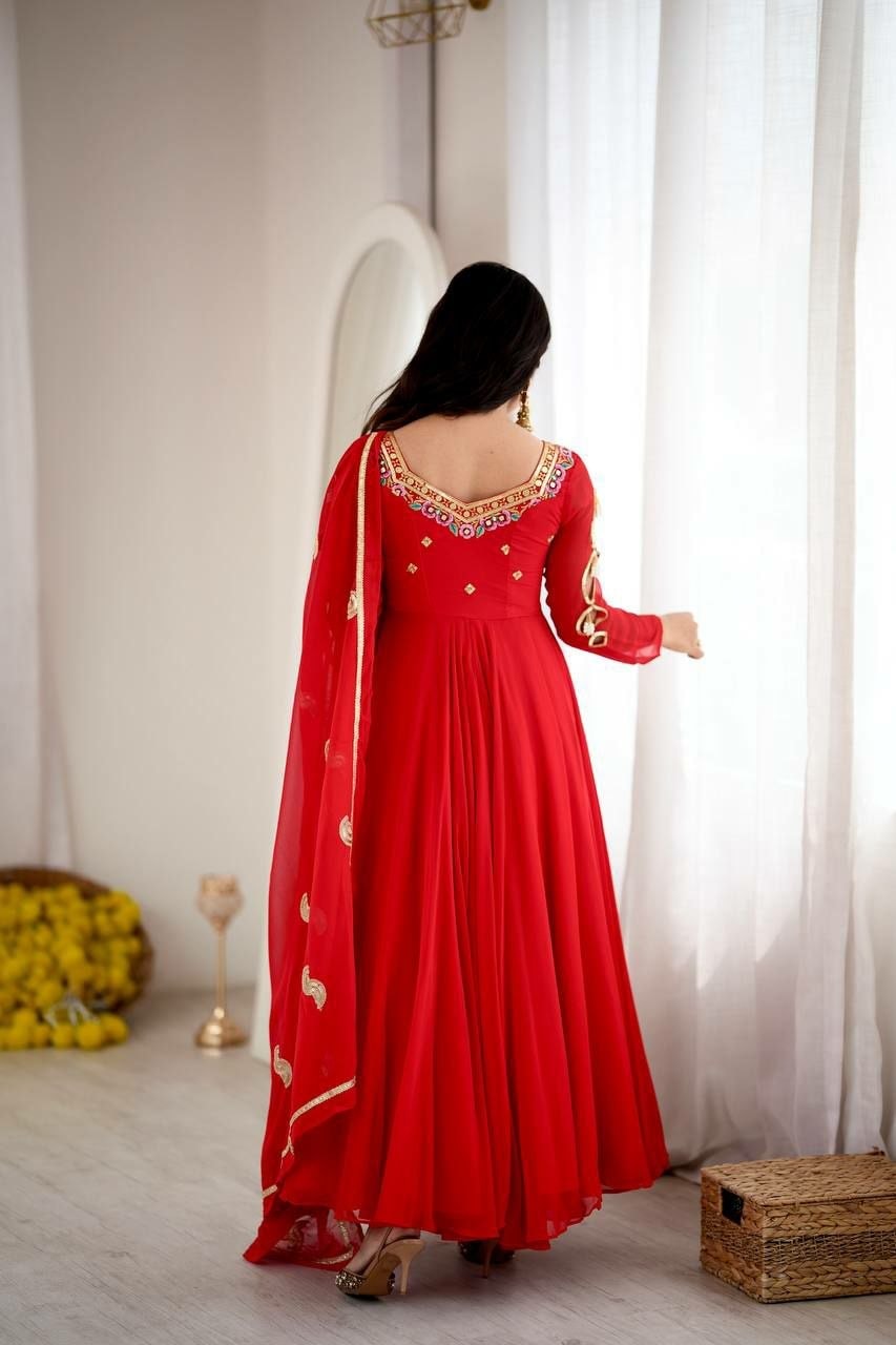 Premium Faux Georgette Anarkali Gown Set - Red - view 3