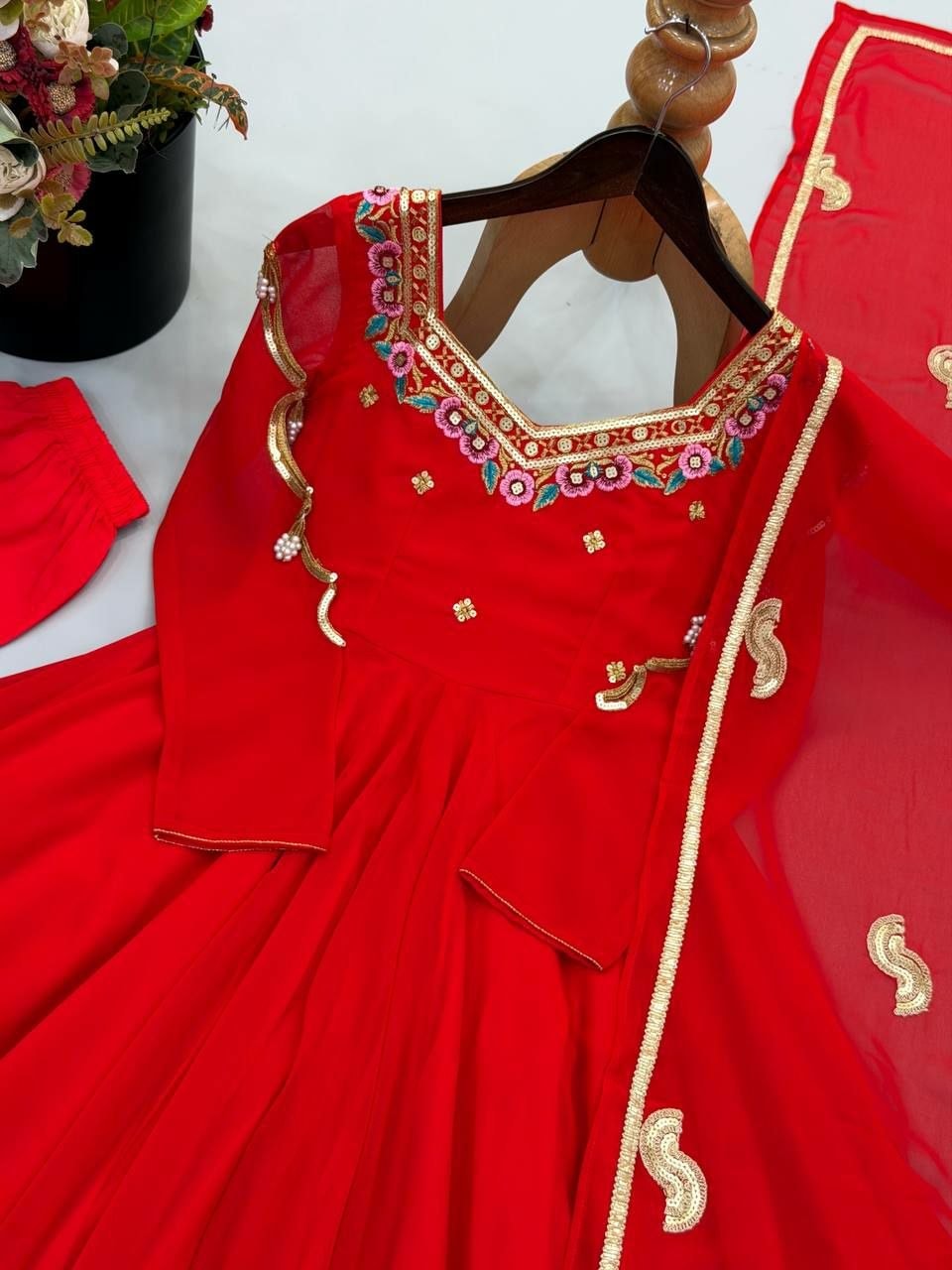 Premium Faux Georgette Anarkali Gown Set - Red - view 5