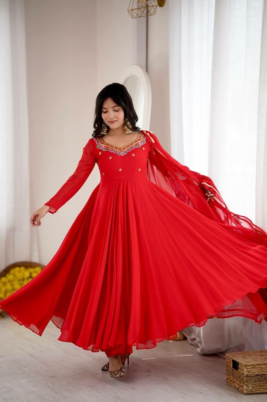 Premium Faux Georgette Anarkali Gown Set - Red - view 1