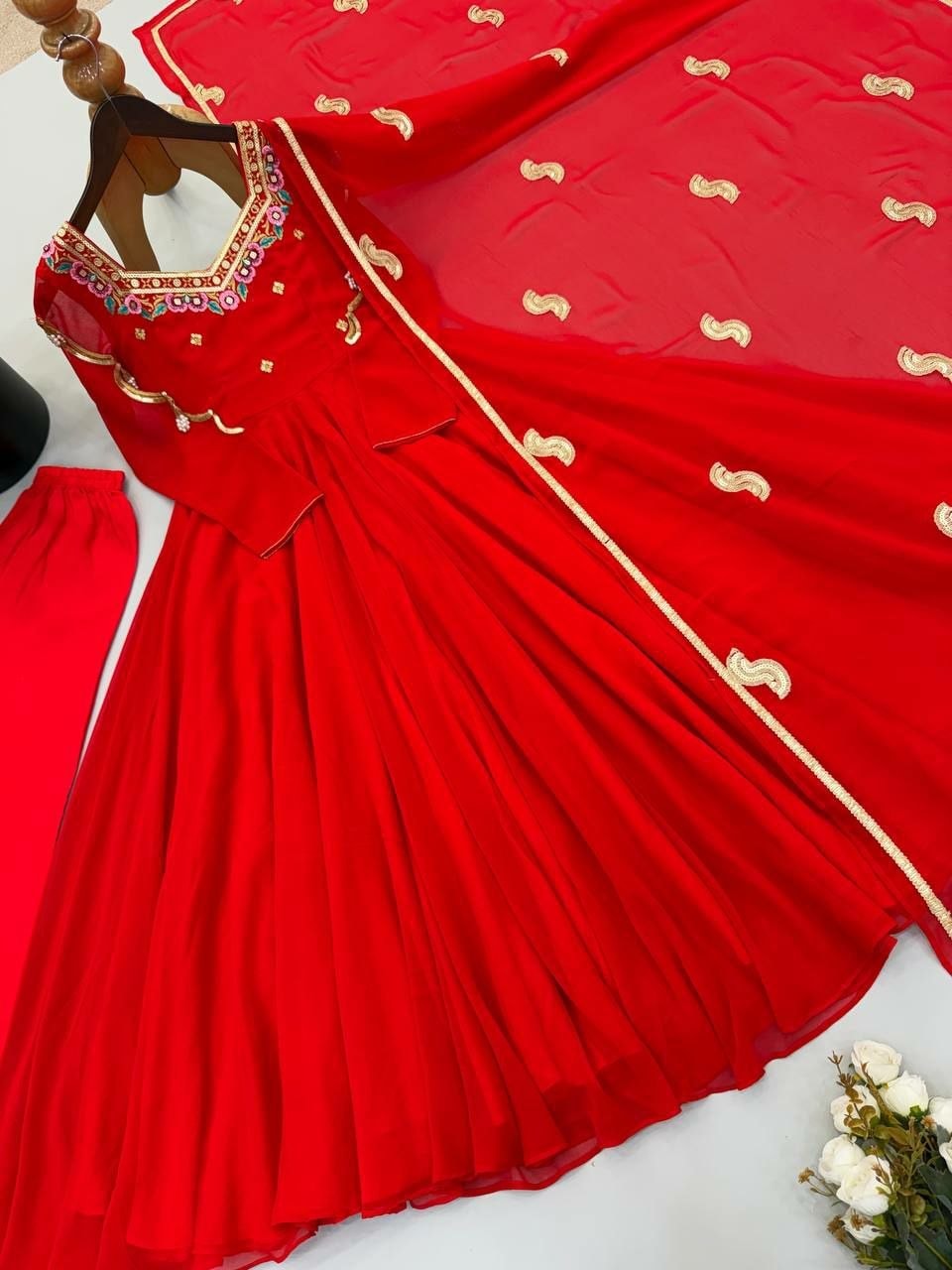 Premium Faux Georgette Anarkali Gown Set - Red - view 6
