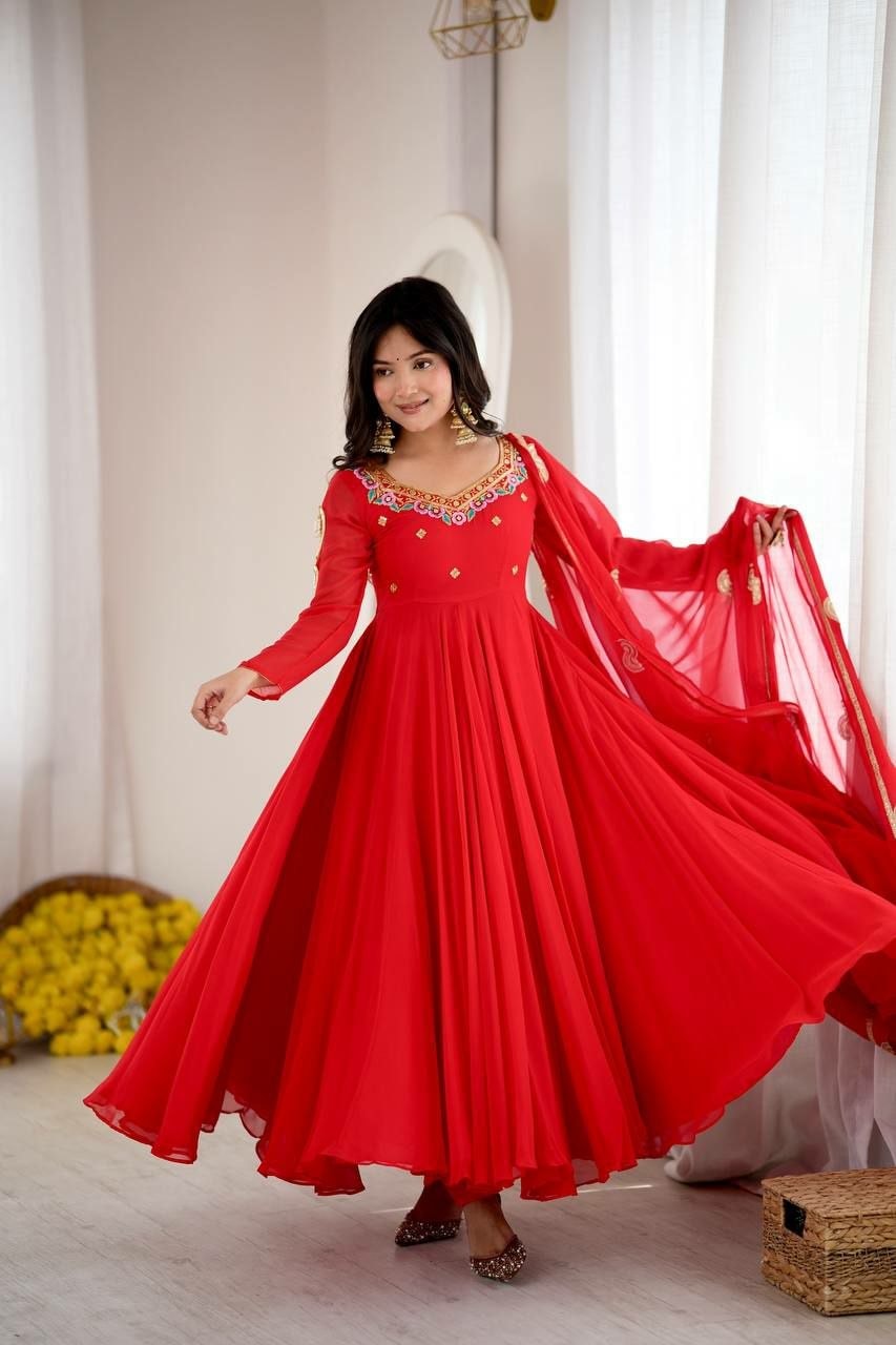 Premium Faux Georgette Anarkali Gown Set - Red - view 2