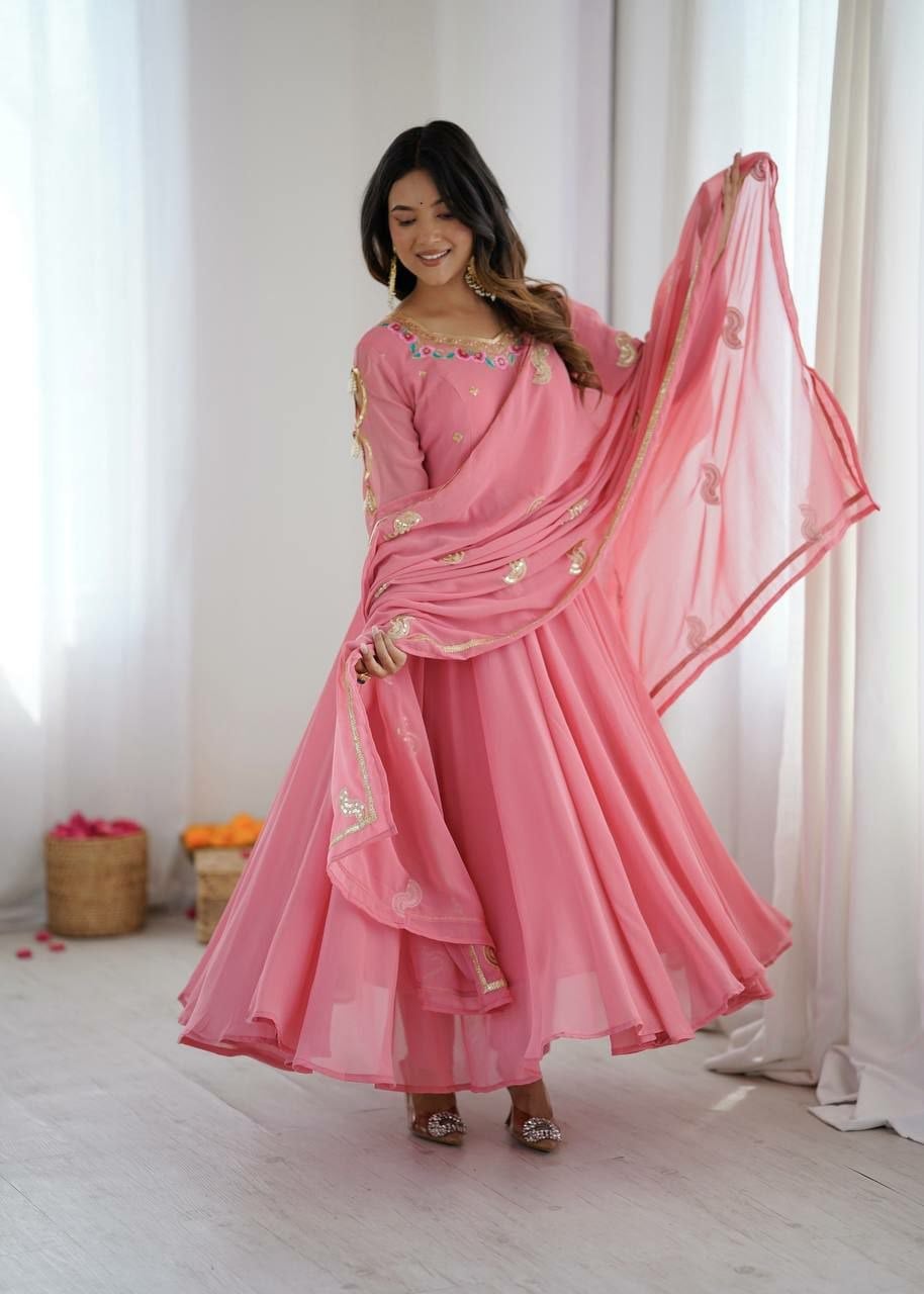 Premium Faux Georgette Anarkali Gown Set - Pink