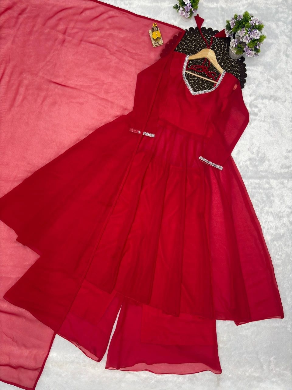 Heavy Georgette Anarkali Gown Set - Red - view 4