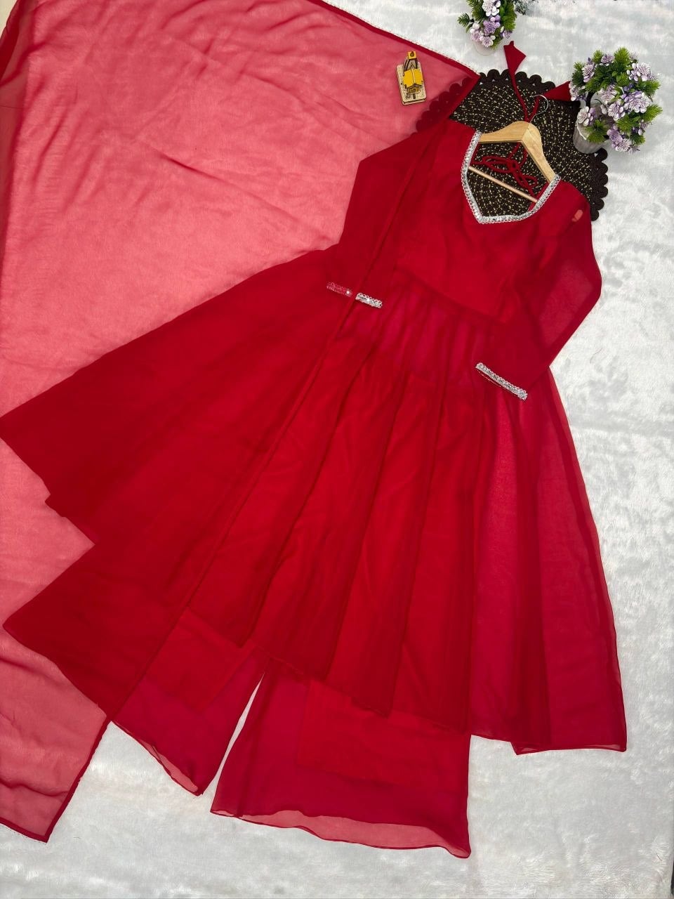 Heavy Georgette Anarkali Gown Set - Red