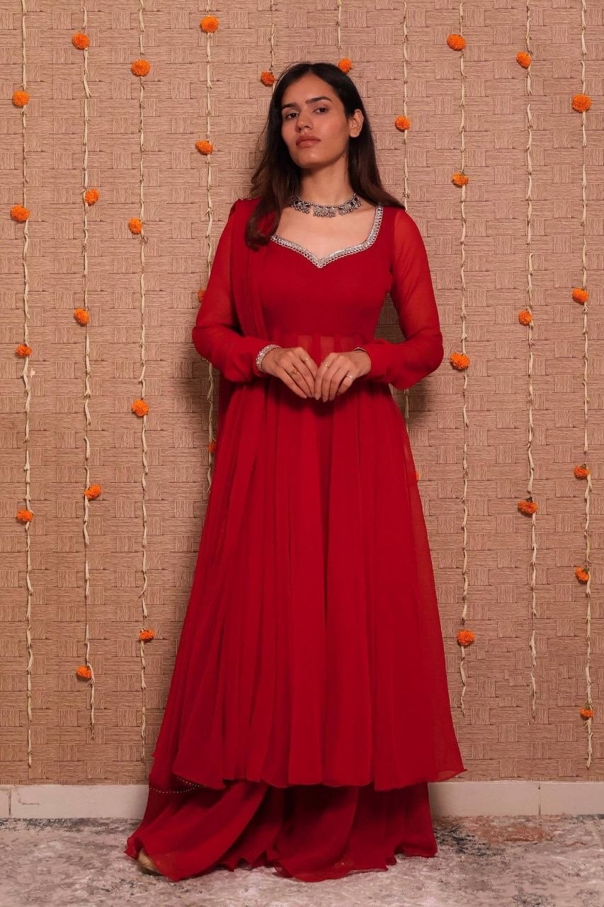 Heavy Georgette Anarkali Gown Set - Red