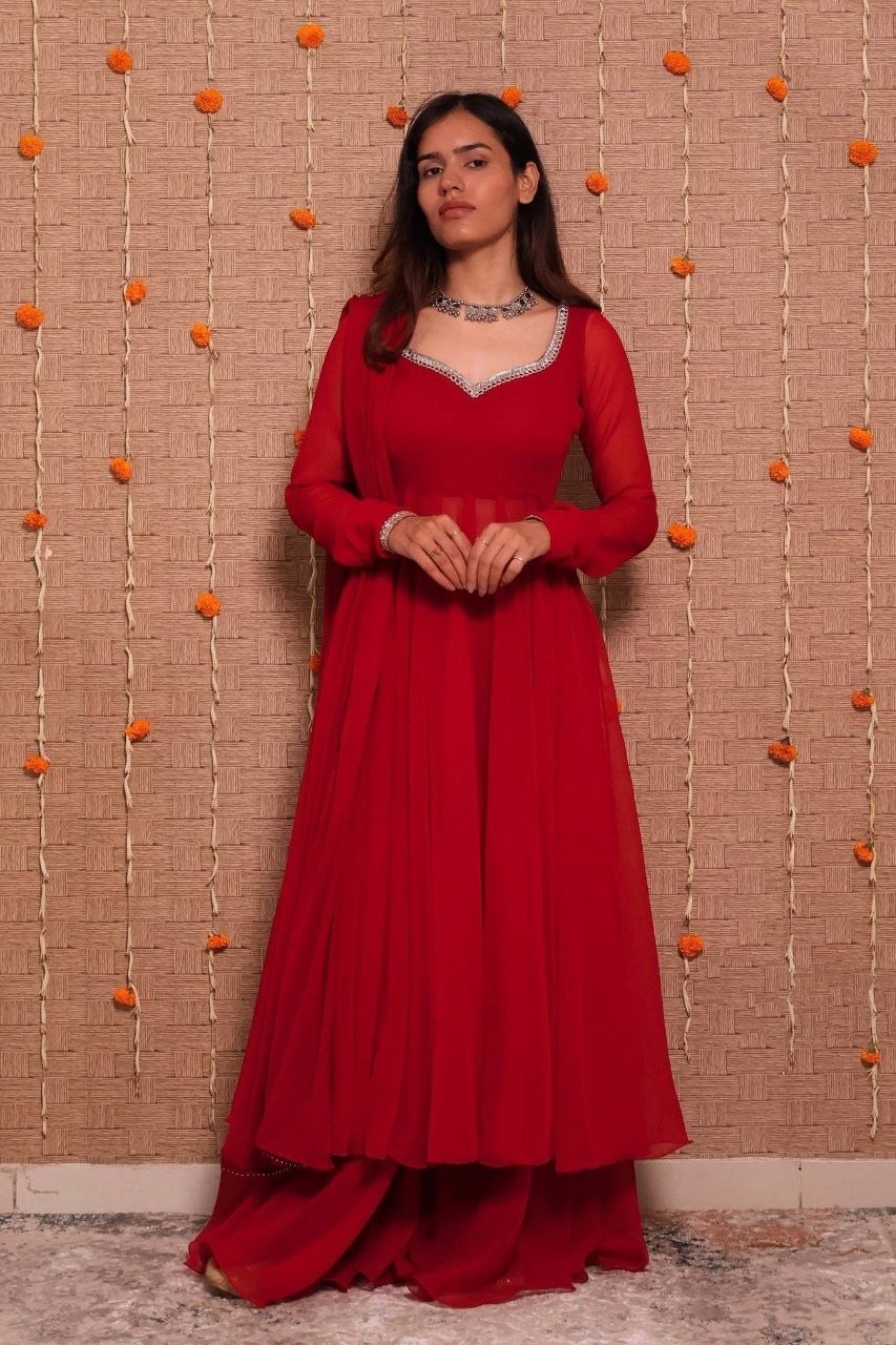 Heavy Georgette Anarkali Gown Set - Red - view 2