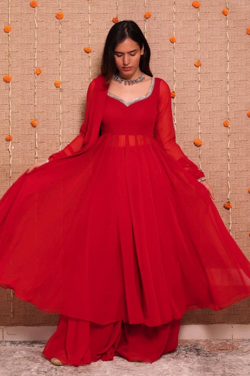 Heavy Georgette Anarkali Gown Set - Red