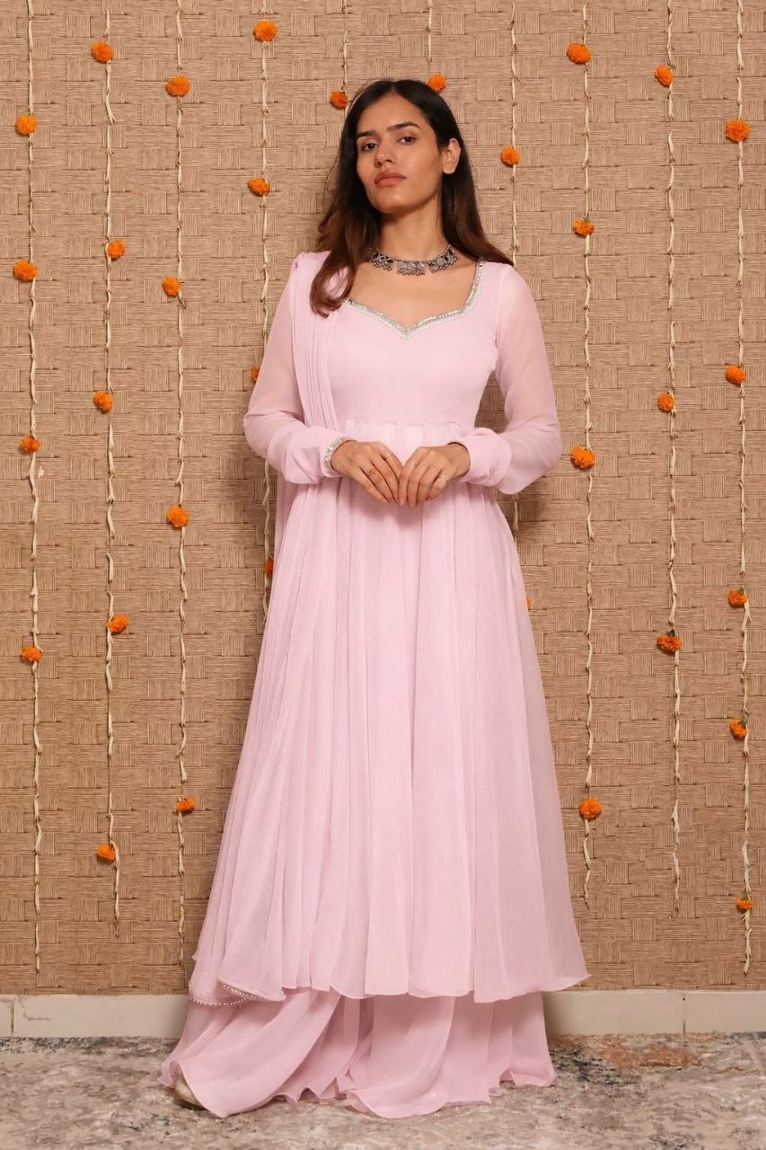 Heavy Georgette Anarkali Gown Set - Pink - view 5