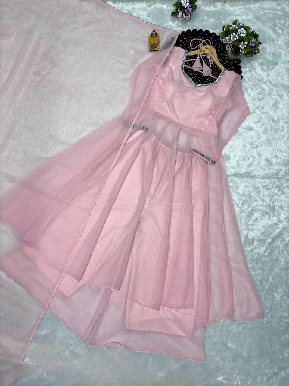 Heavy Georgette Anarkali Gown Set - Pink