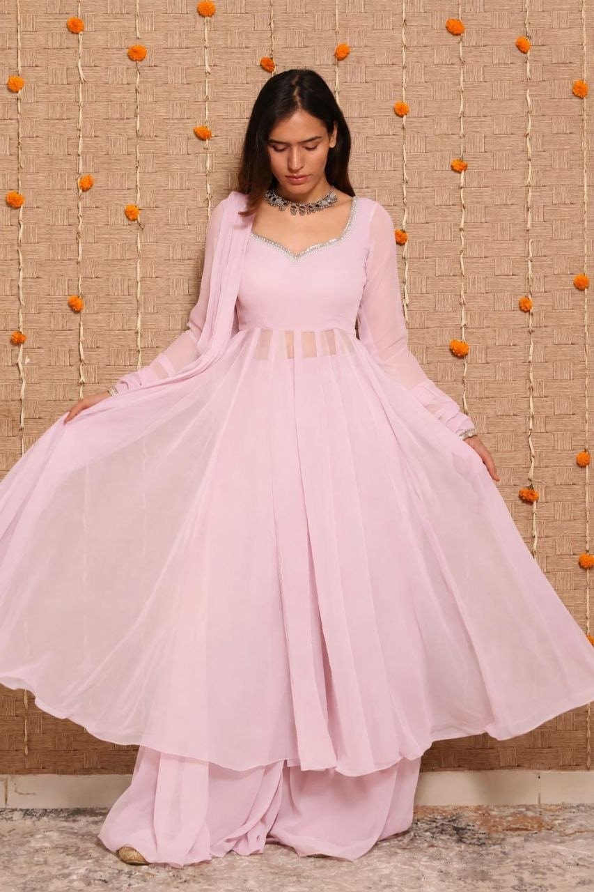 Heavy Georgette Anarkali Gown Set - Pink - view 1