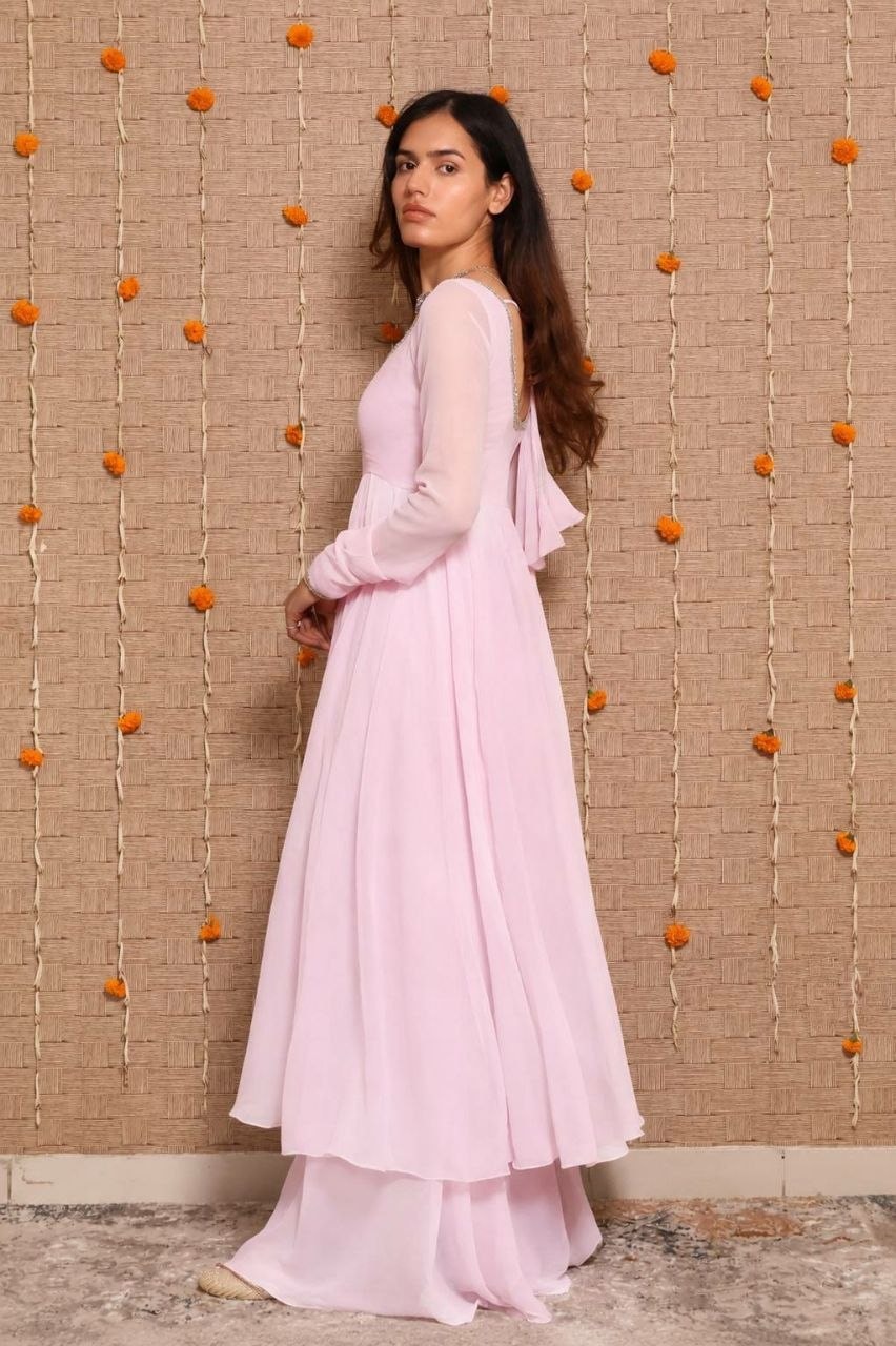 Heavy Georgette Anarkali Gown Set - Pink - view 2