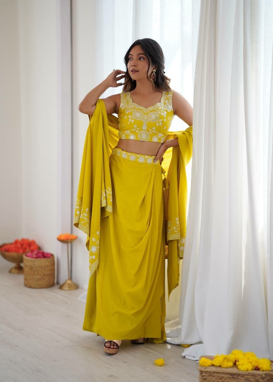 French Crepe Salwar suit Set - Yellow - view 1