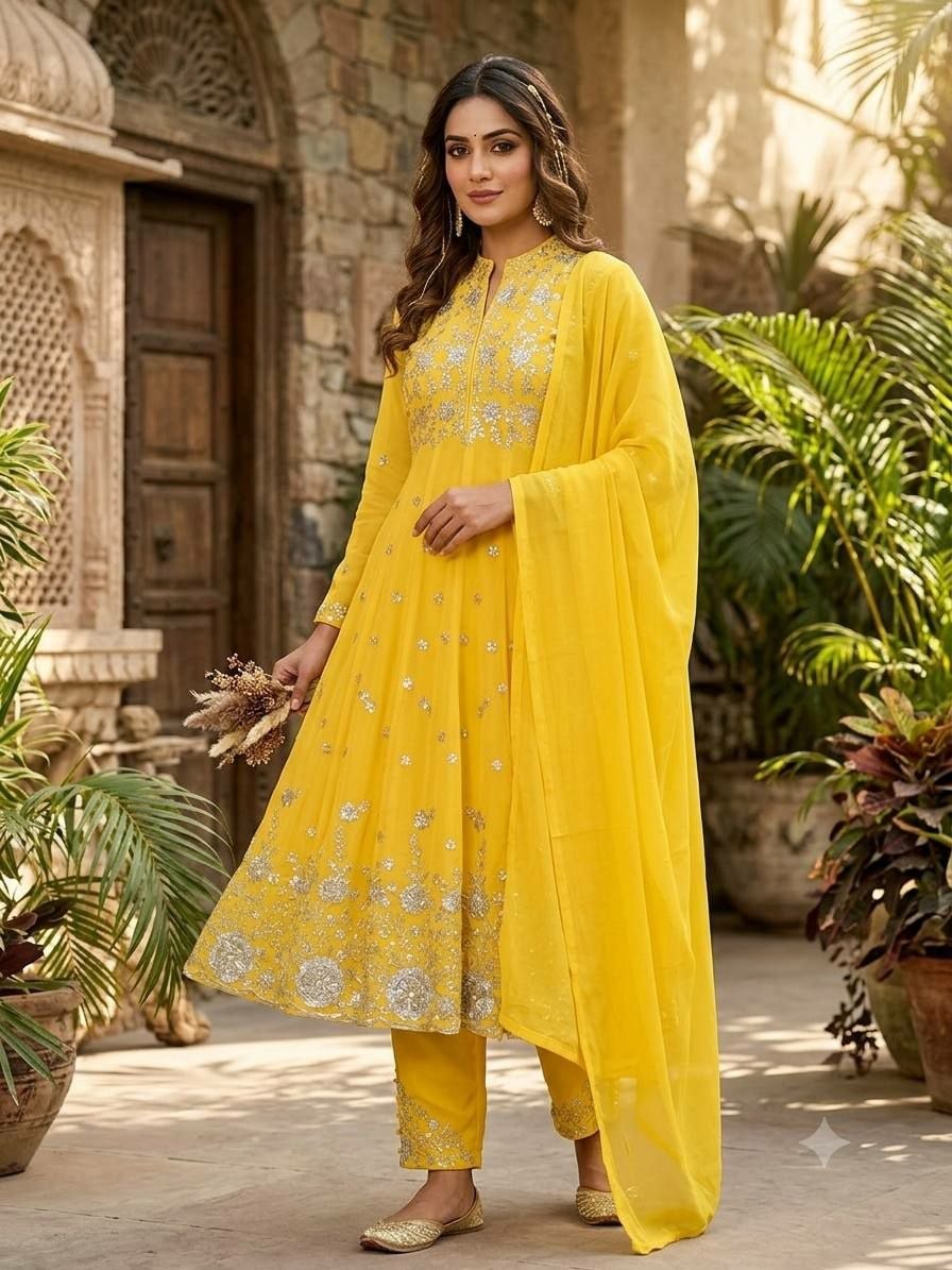 Premium Georgette Anarkali Suit set - Yellow - view 1