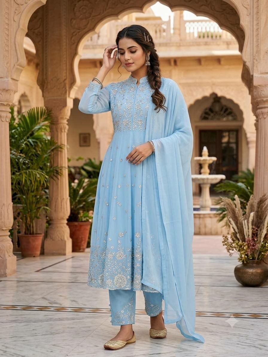 Premium Georgette Anarkali Suit set - Blue - view 1