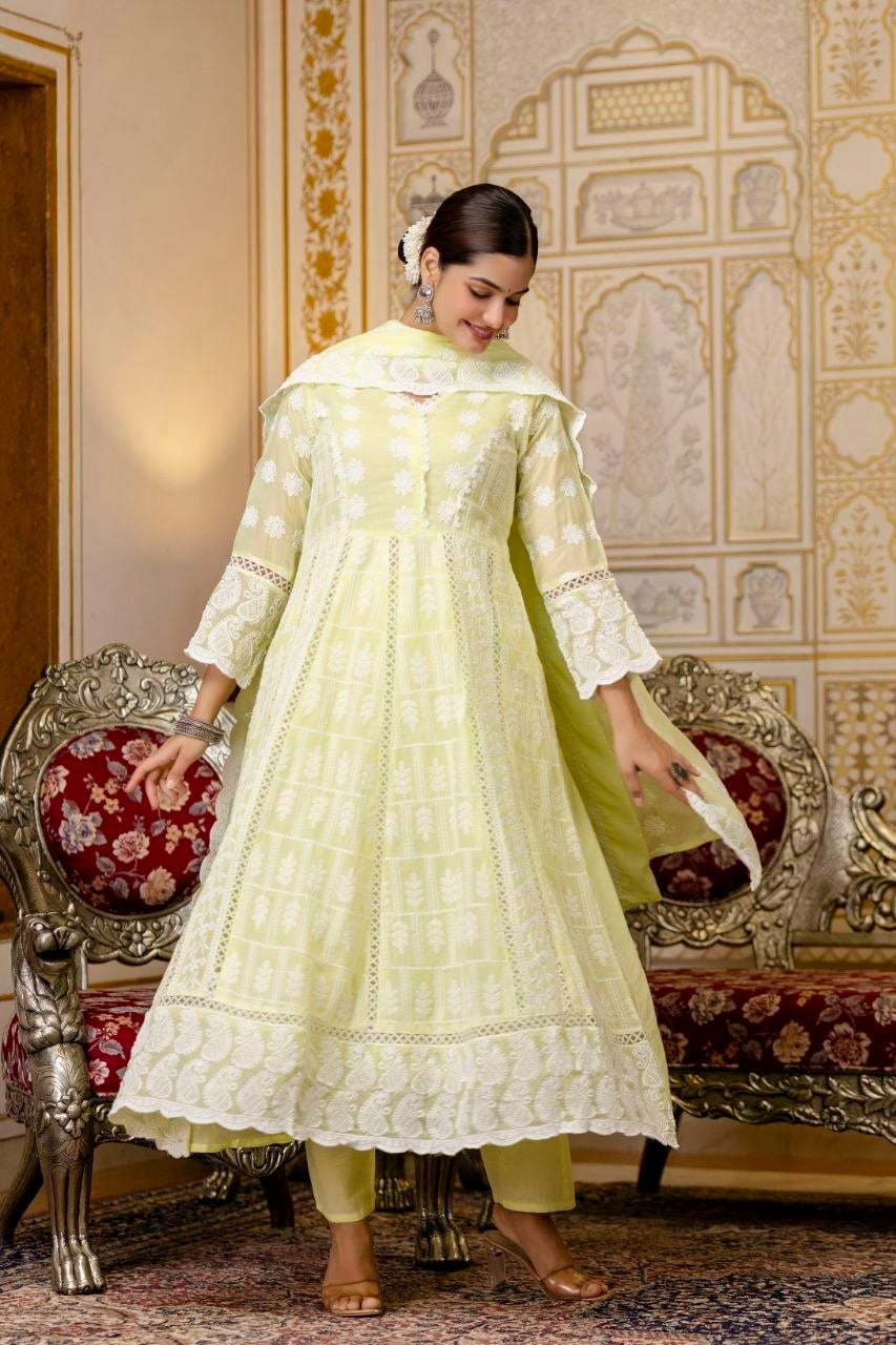 Pure Mal Cotton Anarkali Gown set - Yelow