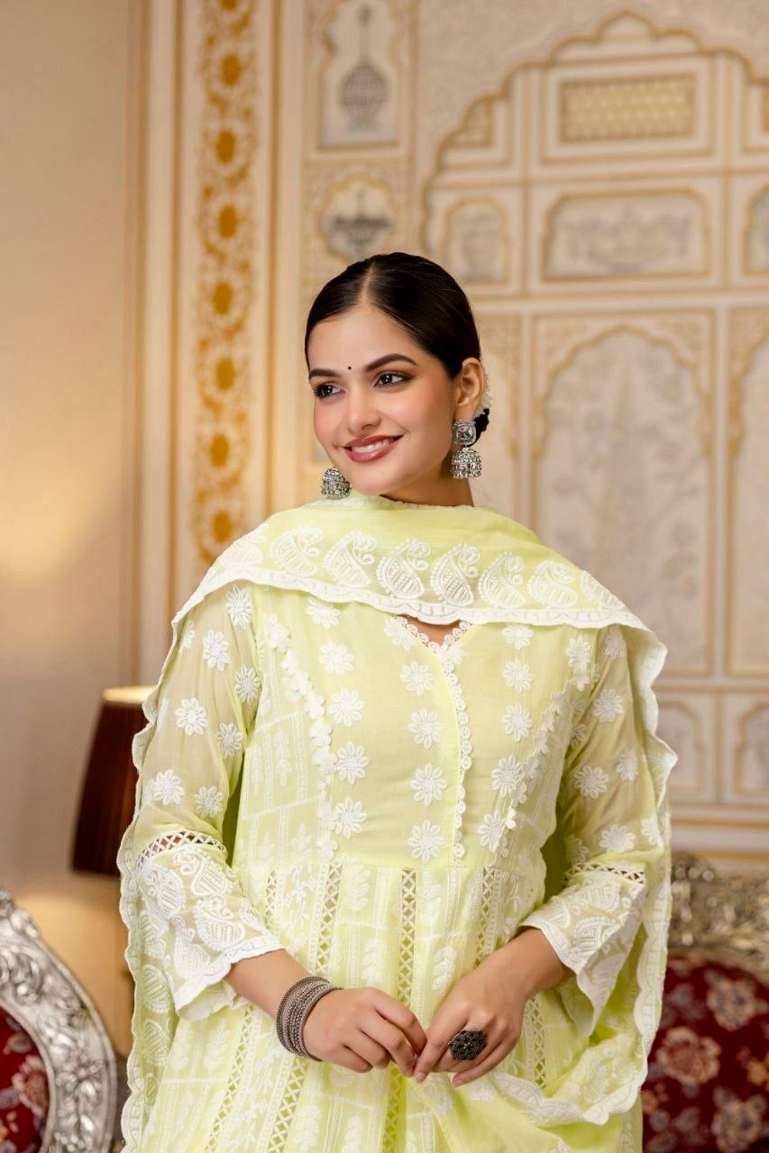 Pure Mal Cotton Anarkali Gown set - Yelow