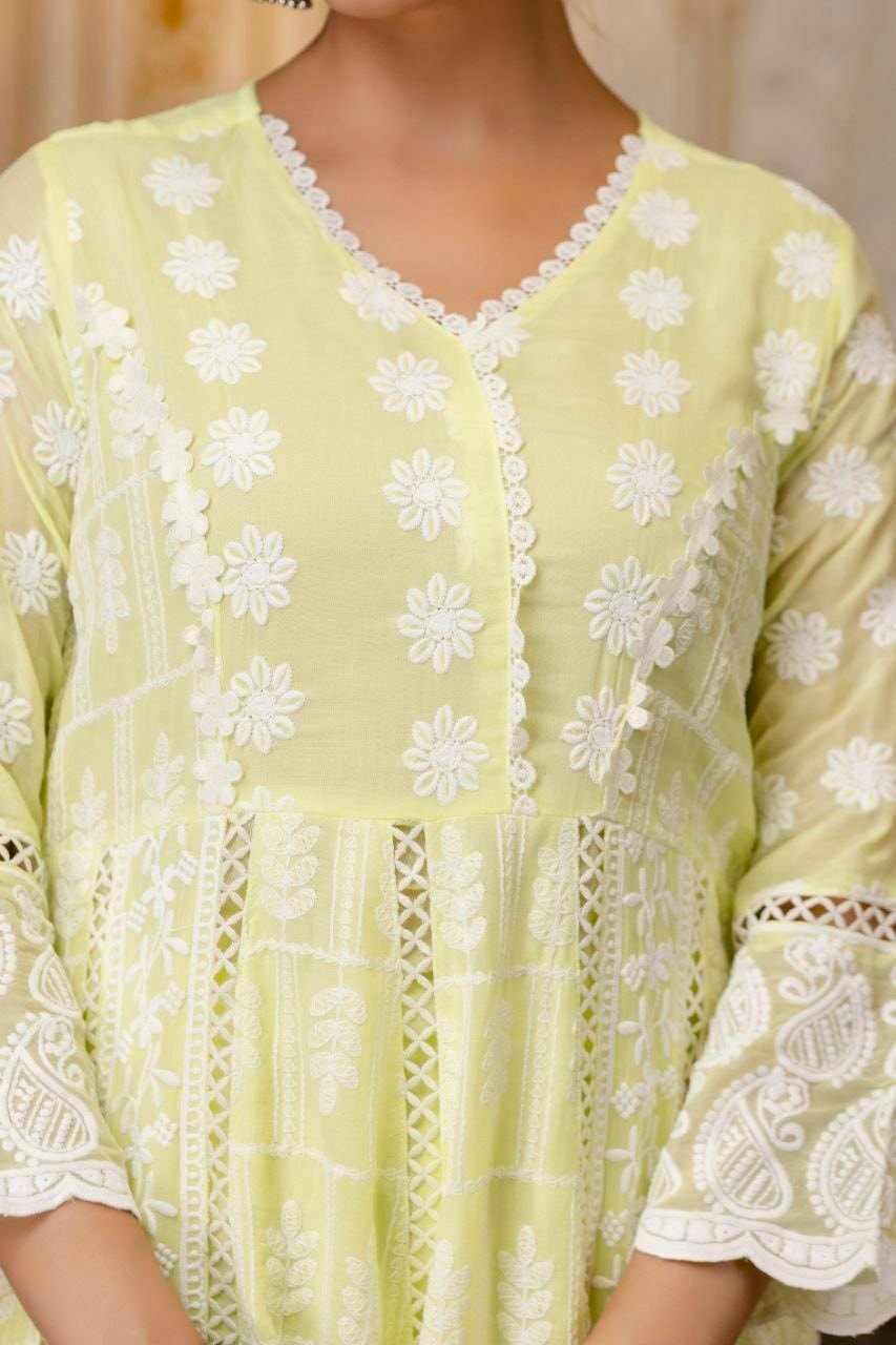 Pure Mal Cotton Anarkali Gown set - Yelow - view 3