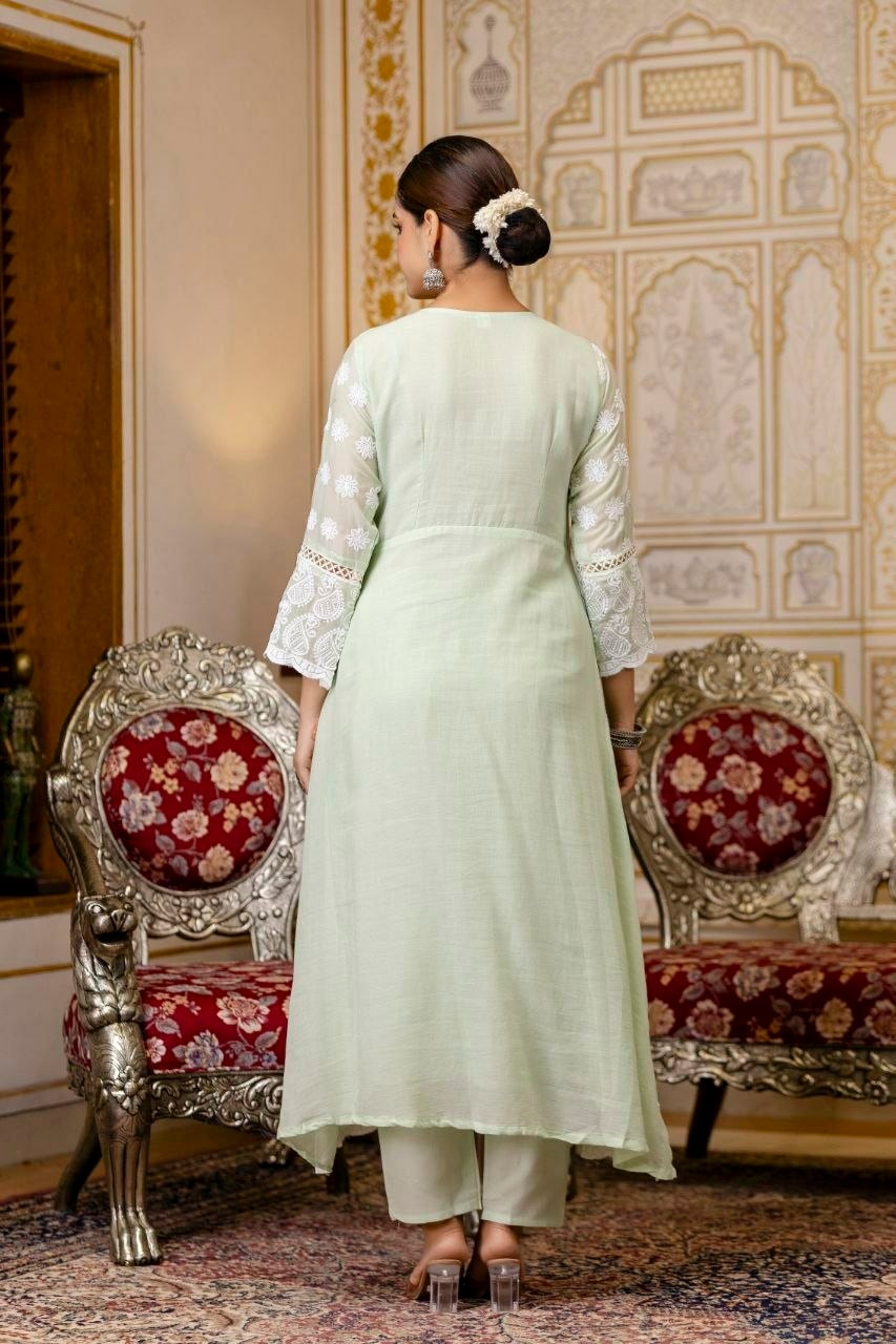 Pure Mal Cotton Anarkali Gown set - Green - view 2