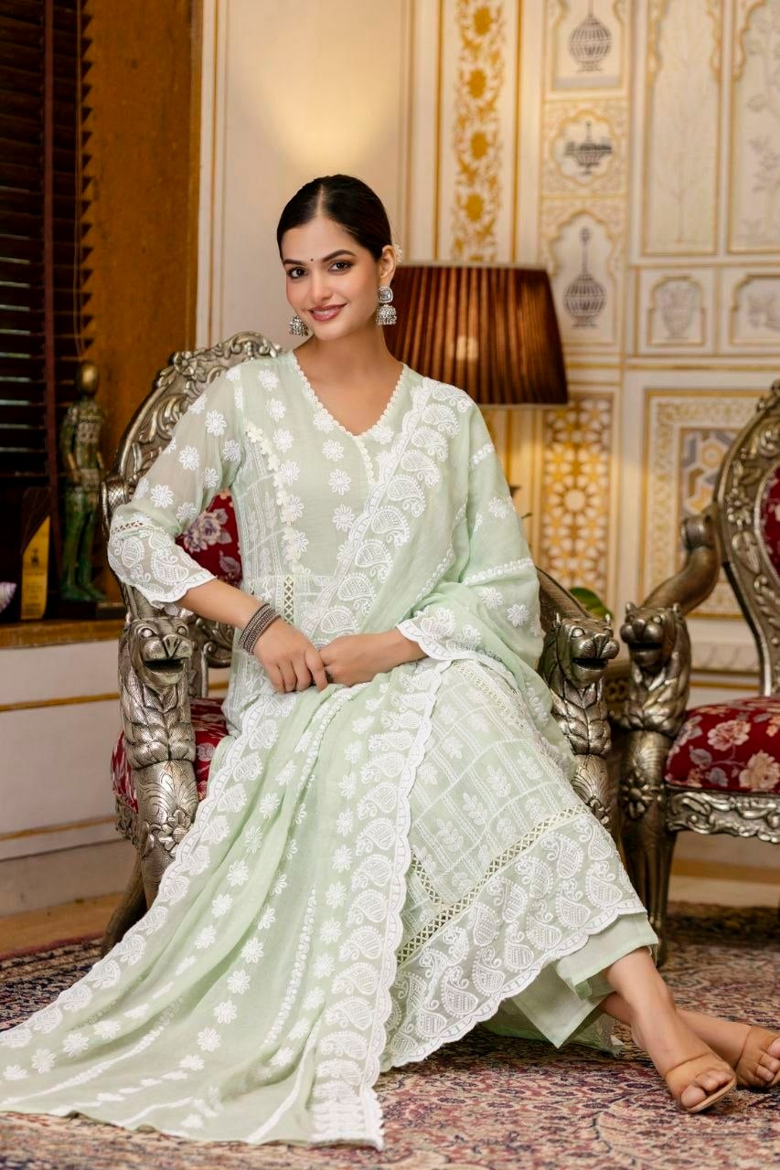 Pure Mal Cotton Anarkali Gown set - Green