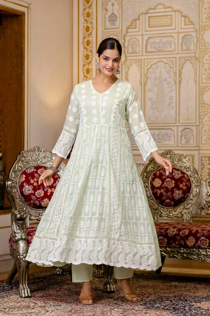 Pure Mal Cotton Anarkali Gown set - Green