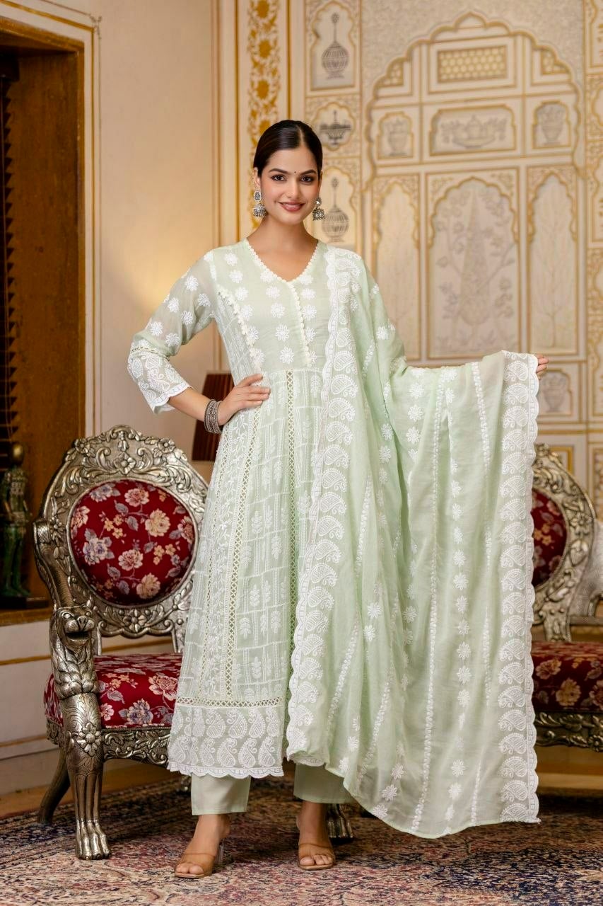 Pure Mal Cotton Anarkali Gown set - Green