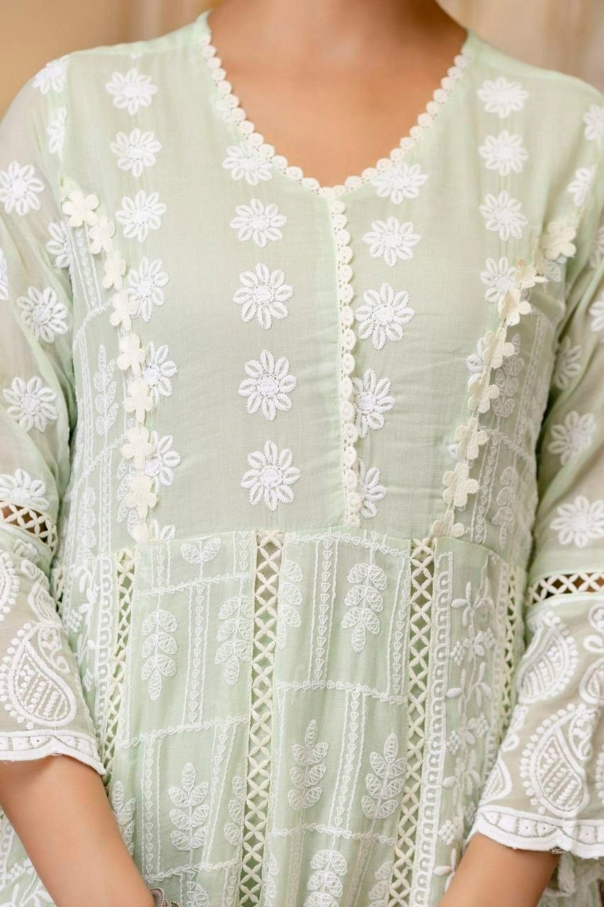 Pure Mal Cotton Anarkali Gown set - Green