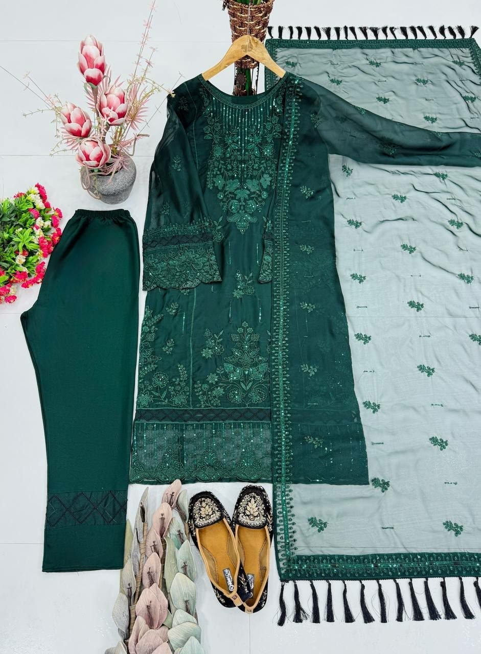 Heavy Soft Organza Salwar Suit Set - Green - view 2
