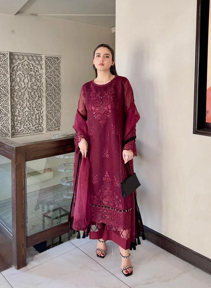 Heavy Soft Organza Salwar Suit Set - Wine - view 4