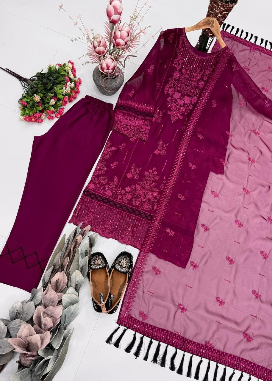 Heavy Soft Organza Salwar Suit Set - Wine
