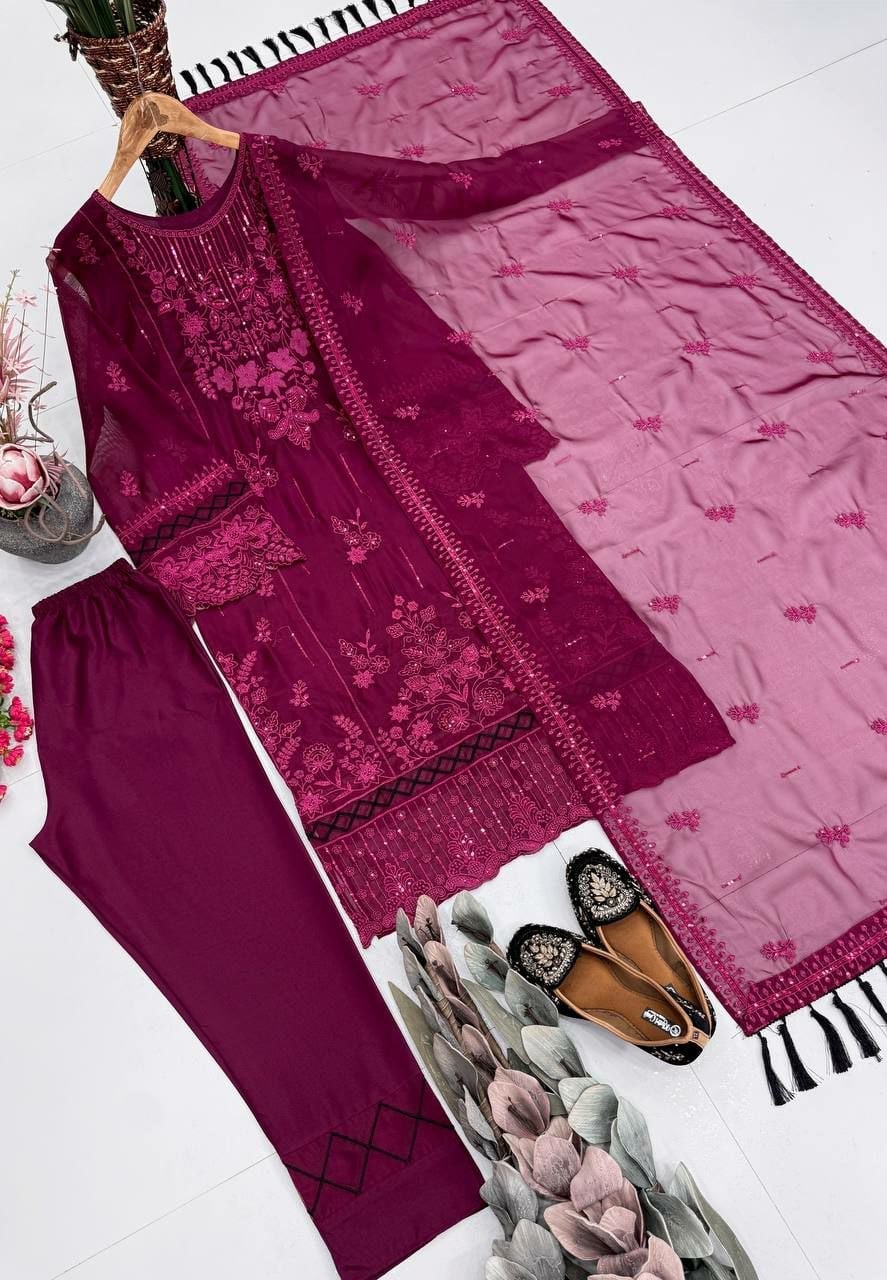 Heavy Soft Organza Salwar Suit Set - Wine
