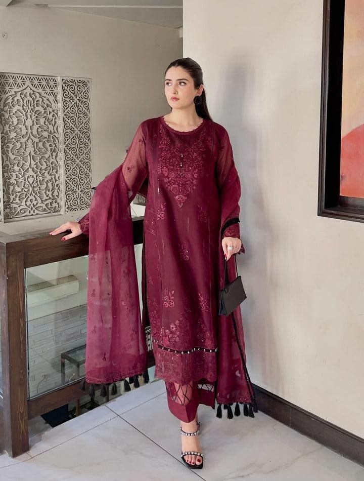 Heavy Soft Organza Salwar Suit Set - Wine - view 1