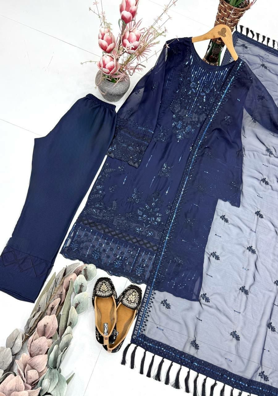 Heavy Soft Organza Salwar Suit Set - Blue - view 3