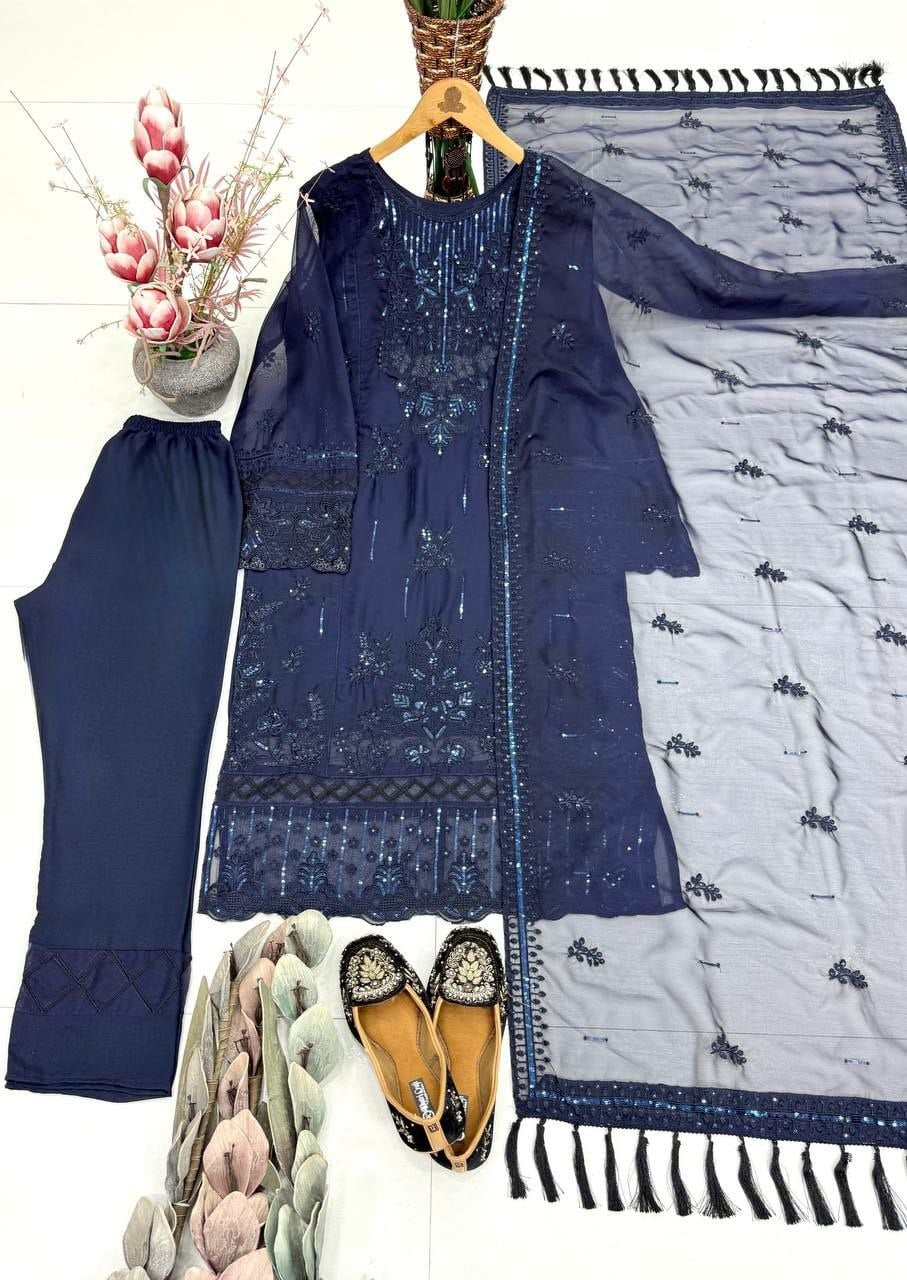 Heavy Soft Organza Salwar Suit Set - Blue