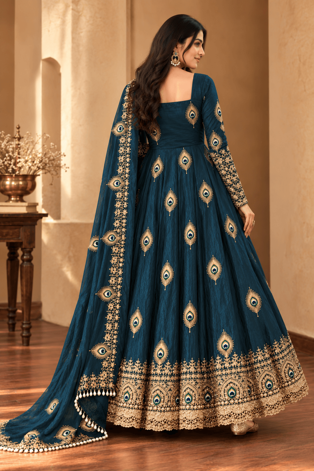Pure Fendy Silk Anarkali Gown Set - Rama