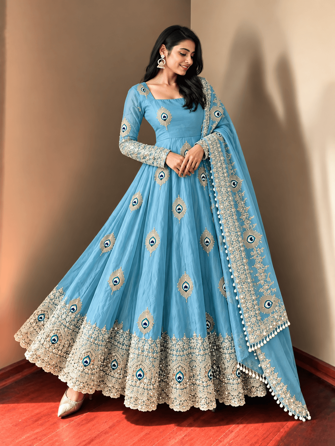 Pure Fendy Silk Anarkali Gown Set - Sky