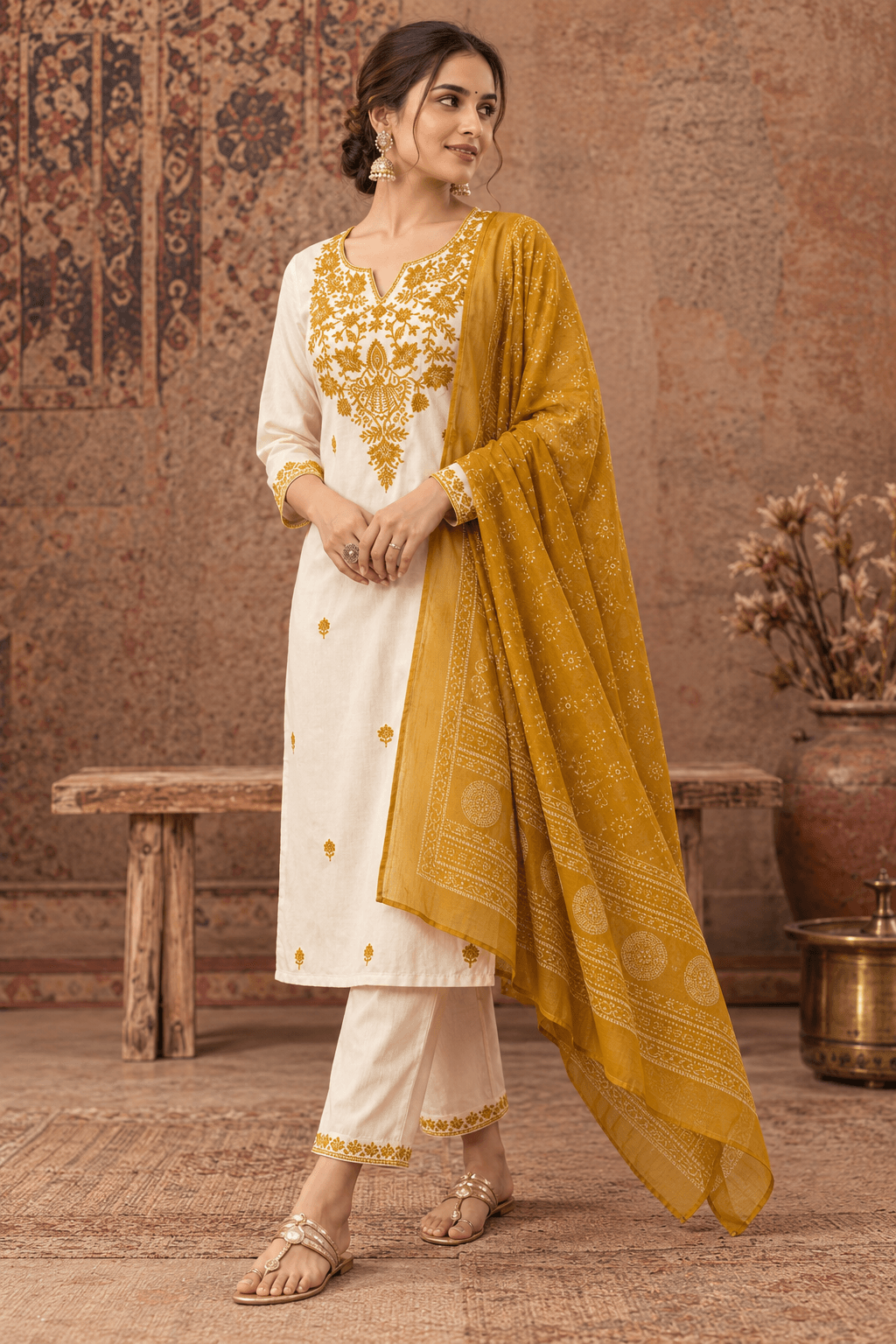 KHADI Cotton Kurta set - Yellow - view 3