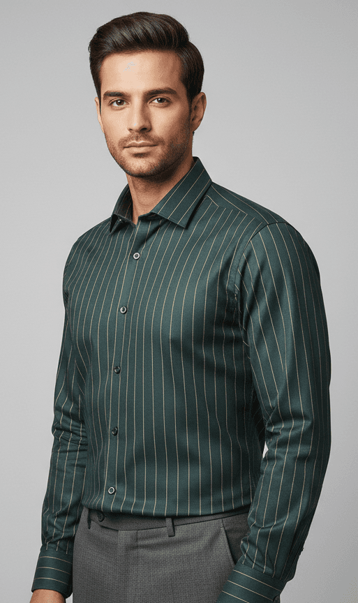 Men's Premium Cotton Green Shirt with Golden Stripes