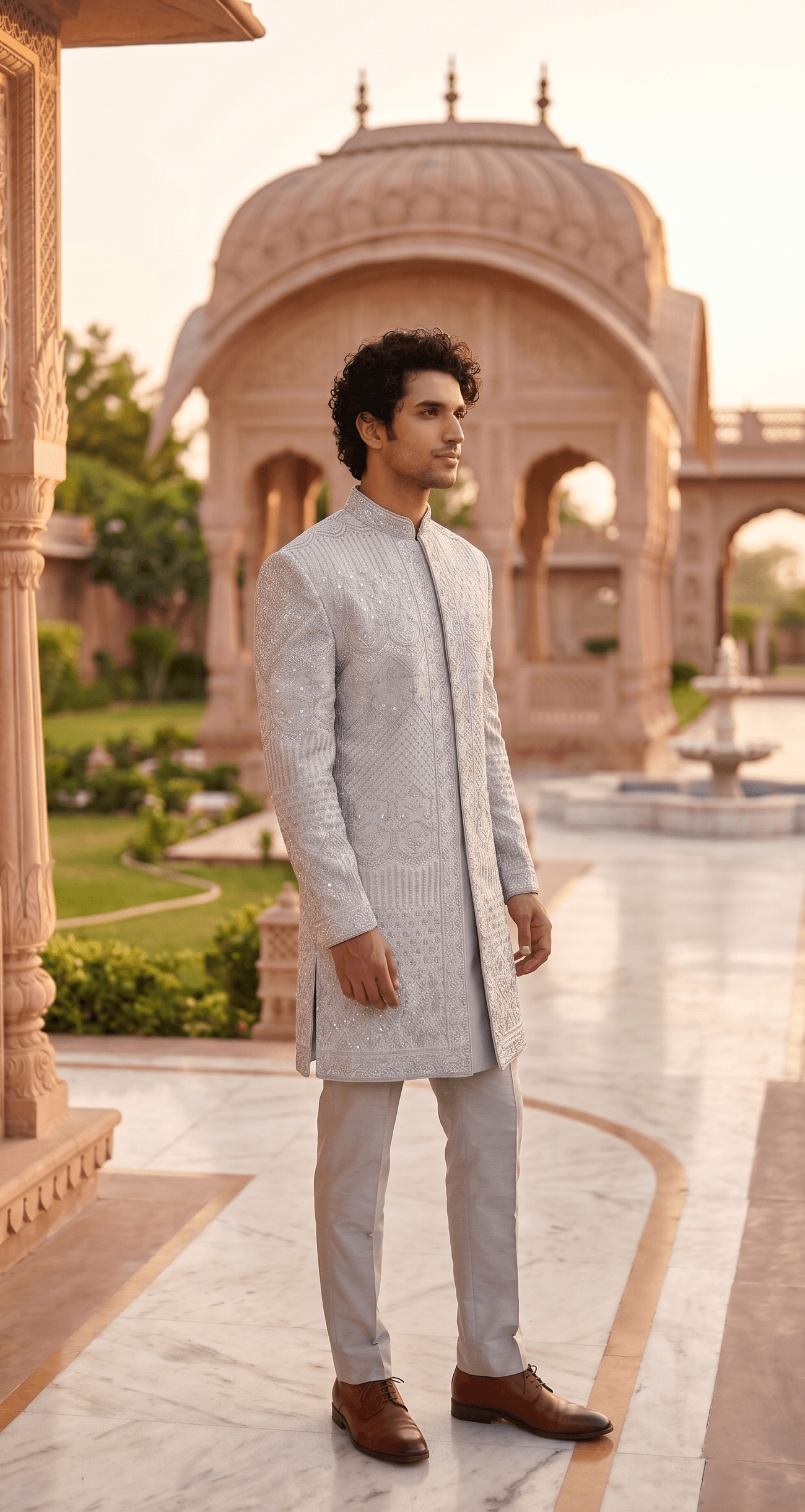 Men's Wedding Designer Silver Sherwani