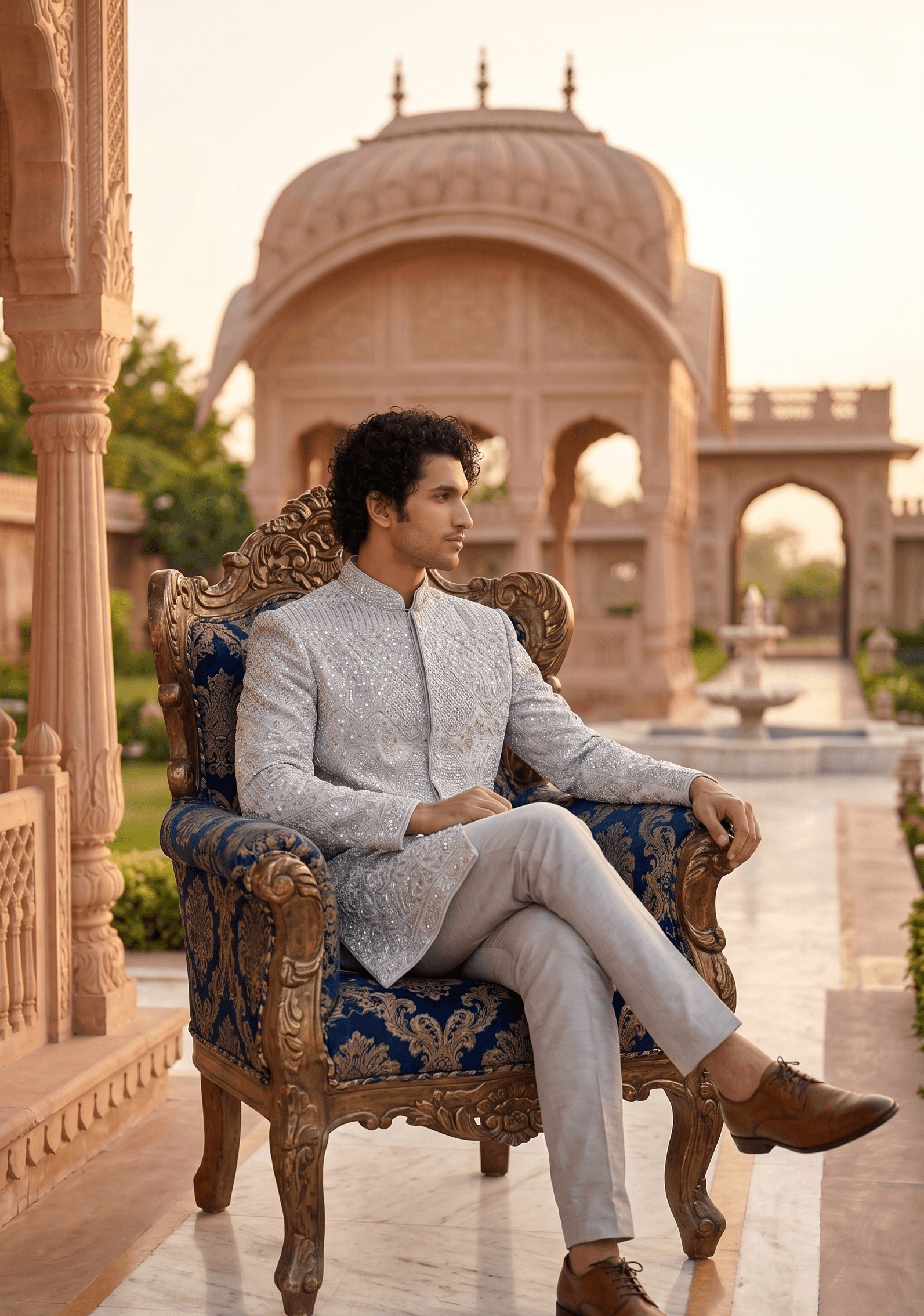 Men's Wedding Designer Silver Sherwani