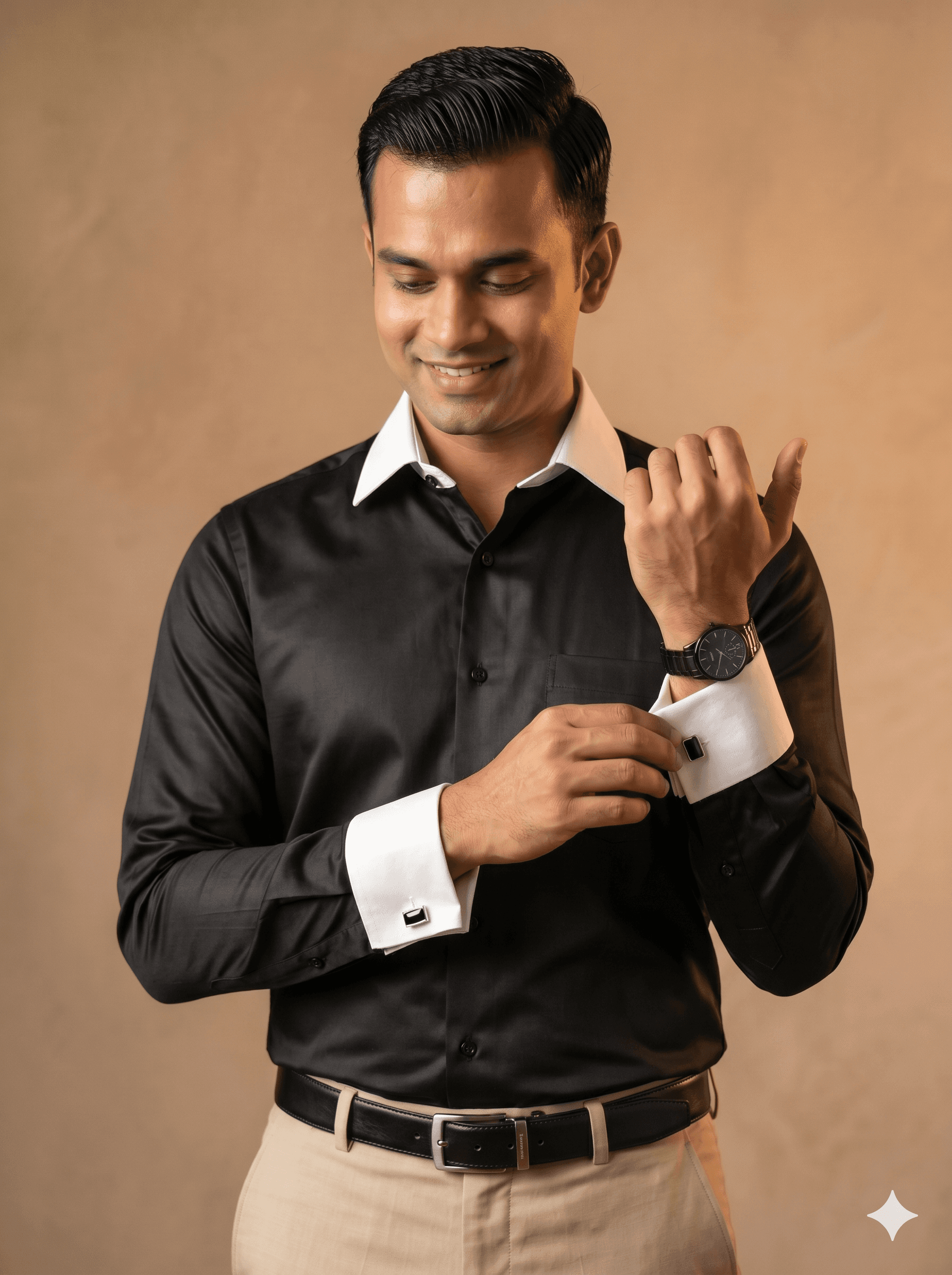 Premium Giza Cotton Black Shirt With White Collar & White French Cuff
